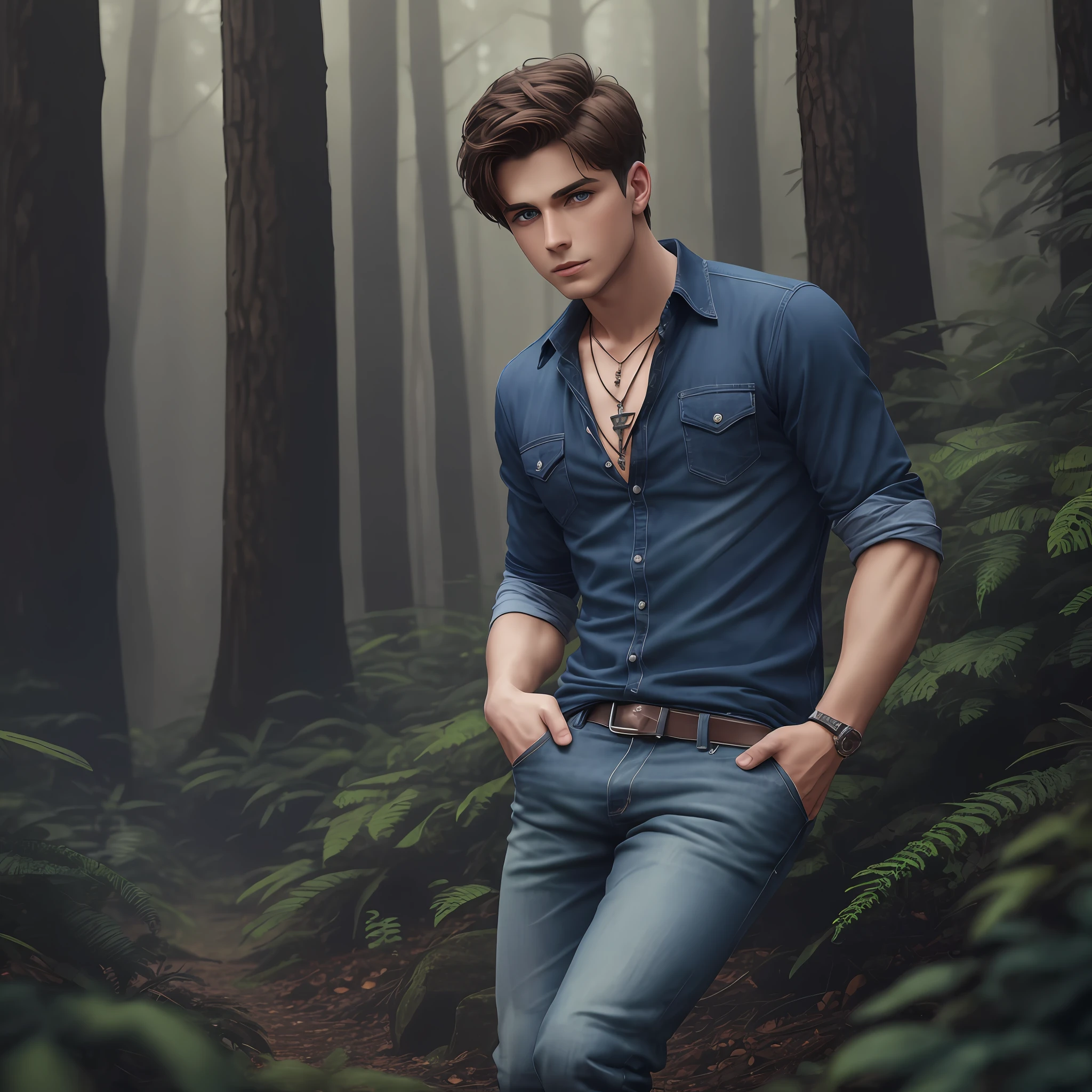 Young man with dark blue eyes, short brown hair, athletic wearing dark jeans and blue shirt and necklace with crucifix. Realistic, better image. Background dense forest with fog without sunlight, 4k.