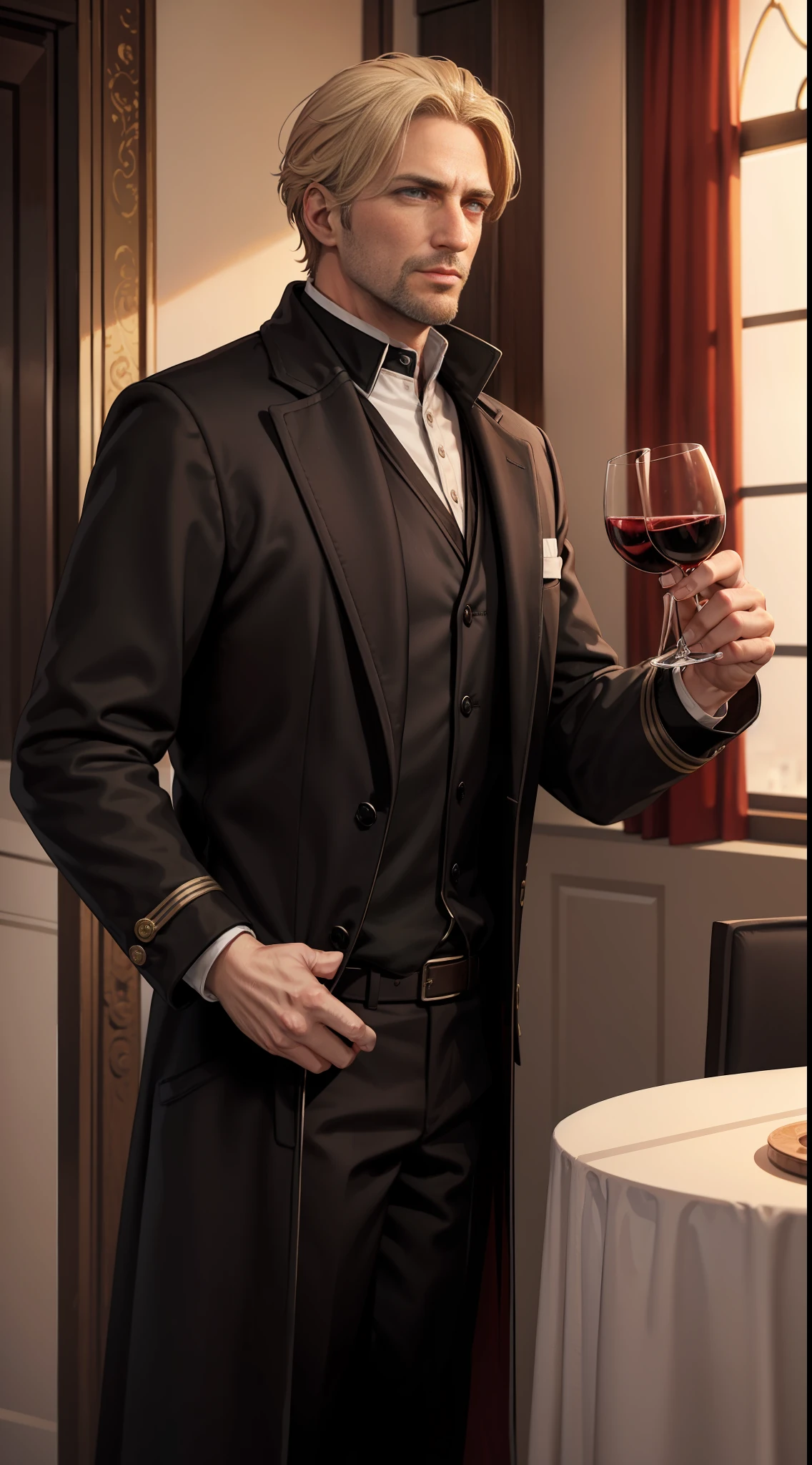 An elegant 40-year-old man with blonde hair and brown eyes and a thin beard, his coat is red with its causes, two bands of his coat are black and his T-shirt is white, he always carries a glass of wine (scenery a dance salary)