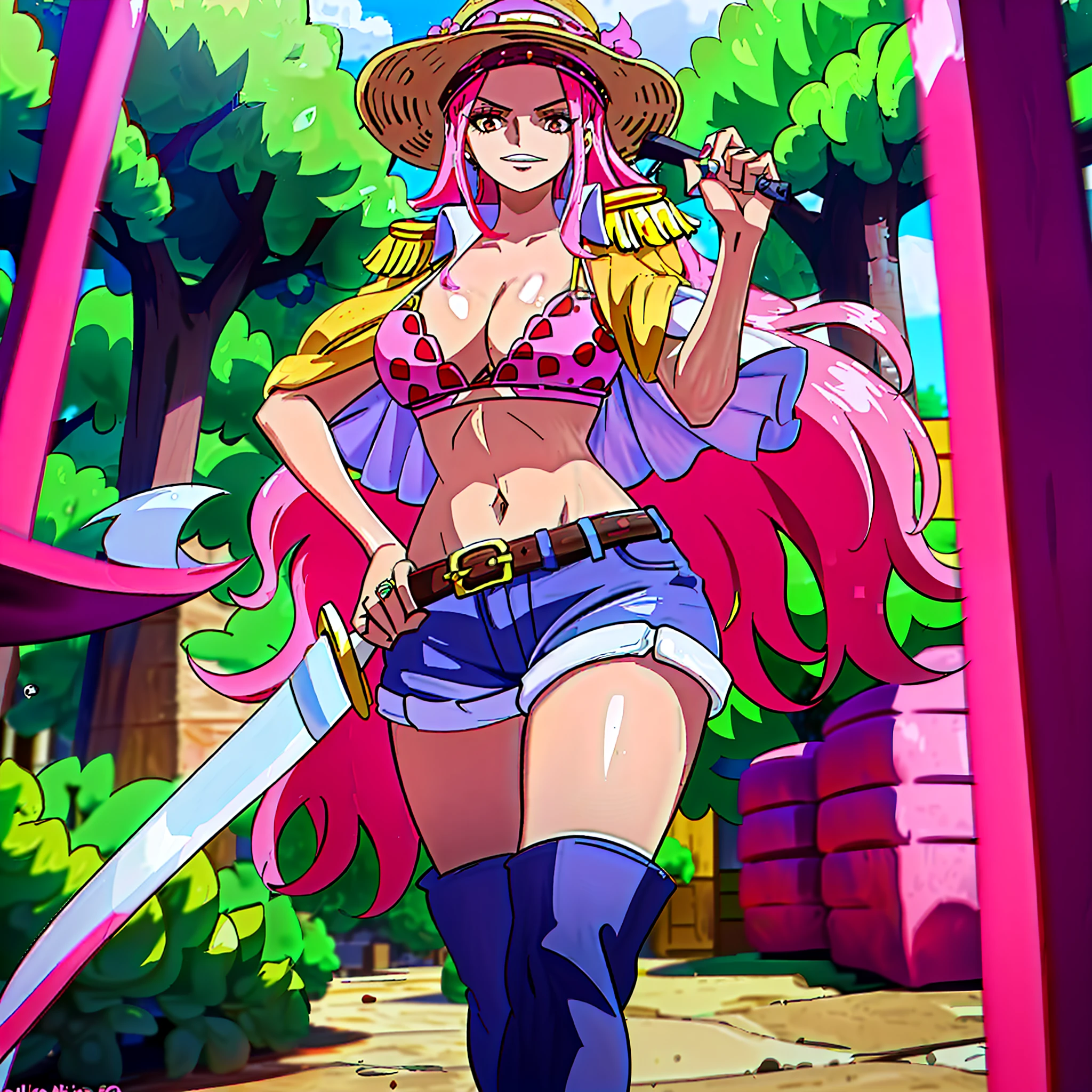 Young woman with long pink hair,large breasts and wide hips,wearing only flowery pink bra and short shorts,white boot,with a straw hat,with a sword sheathed at her waist,the hilt of the sword is golden