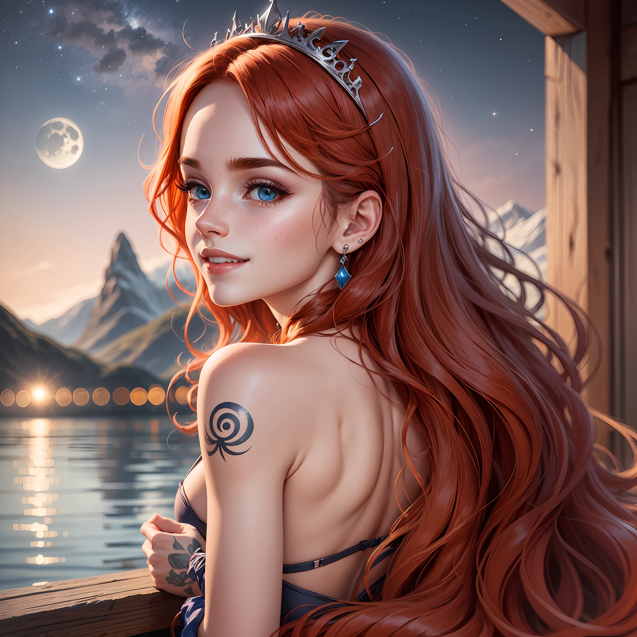 Emma Watson with cheerful face and happy smile, wavy red hair with strong original shine with cabal tail with decorated bow and ribbons and tiara, long eyelashes, beautiful blue eyes with sparkle, shadow makeup, lips with red lipstick, freckles on the face, yellow langerie and mahogany brown with silver, calsinha with lace, surrealism, shadow, stereogram, (photorealistic, realistic: 1.2), POV, atmospheric perspective, cinematic lighting, ray tracing, 8k, super detail, best quality, masterpiece, well detailed, (Canan EOS R6, 135mm, 1/1250s, f/2.8, ISO 400:0.9), neckline, back, round ass, earrings, cord, tattoos, moonlight night background with mountains on the horizon with lake in the distance reflecting the moon in a serene environment --auto --s2
