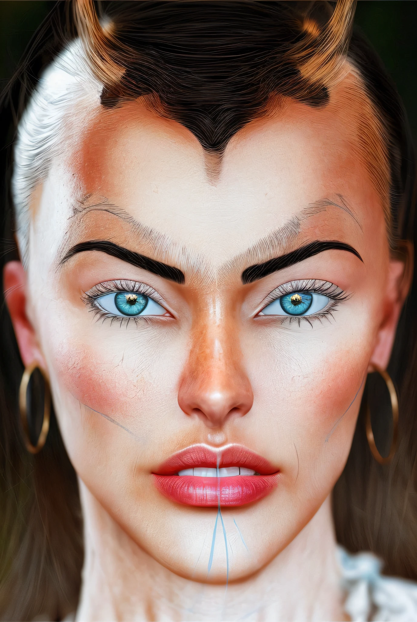 There is a montage of photos of different faces, the nose is of the actress monica bellucci, I want the same nose of the image in realistic style, I want the nose identical to the image in a realistic way, I want the nose without deformities, the mouth is the megan fox, I want the sensual mouth, I want the mouth identical to the mouth of the image,  I want the mouth more like the image without defects and deformities, I want the eyebrow identical to the image realistically without deformities and defects, Sheeva's face from the game Mortal Kombat 9, I want you to remake a perfect face without defects, I want you to take this montage and create a realistic face with this image,  of a woman with blue eyes, upper body avatar, pointed face, highly_detailed_face!!!, extremely detailed face and body, extremely detailed face, pointed face and blue eyes, with very detailed face, with detailed facial features, ultra detailed face, detail face, closeup character, I want the eyes identical to the image symmetrical to the image of the same size image,  I want you to remake the same eye of the image, I want the eye equal to the eye of the image, I want the same eye of the image made equal to the image, I want the same eye of the image, I want the realistic skin without imperfections, perfect skin without defects and without deformity, I want you to make exactly the same face in realistic style,  I want the forehead without imperfections in the forehead in the skin tone of the forehead, make it more like the face of the image, I want much more like the face of the image, I want the symmetry of the eyes identical to that of the image, make the forehead of it without even a deformity I want it to make the eyes much more like the one in the image,  I want no makeup on the face, I want a symmetrical face without imperfections, light skin with pink tones, make the same face as the image in realistic style, I want the photorealistic image, realistic skin texture, make the skin without even a deformity without even a defect I want light skin with pink tones, no hair, bald