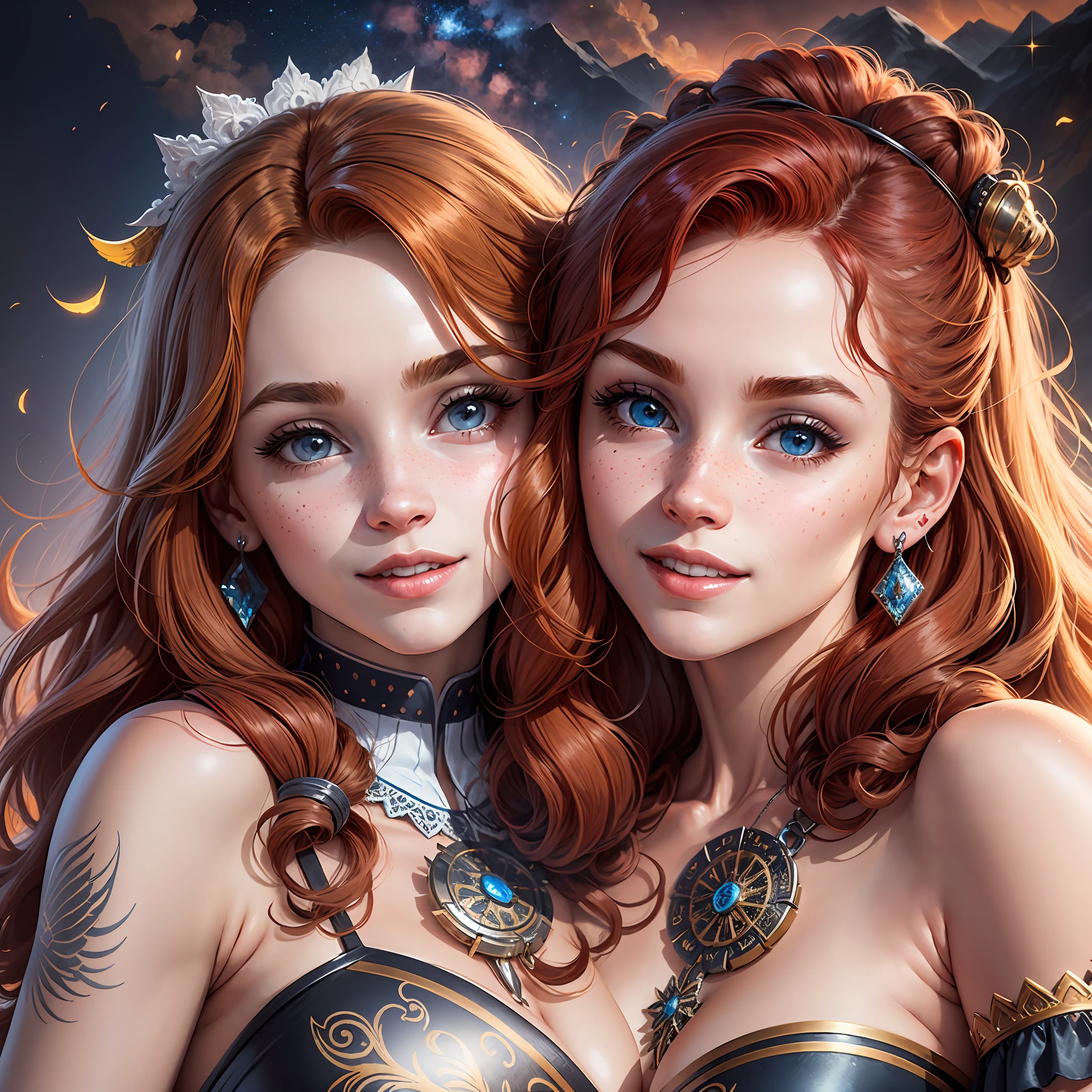 Emma Watson with cheerful face and happy smile, wavy red hair with strong original shine with cabal tail with decorated bow and ribbons and tiara, long eyelashes, beautiful blue eyes with sparkle, shadow makeup, lips with red lipstick, freckles on the face, yellow langerie and mahogany brown with silver, calsinha with lace, surrealism, shadow, stereogram, (photorealistic, realistic: 1.2), POV, atmospheric perspective, cinematic lighting, ray tracing, 8k, super detail, best quality, masterpiece, well detailed, (Canan EOS R6, 135mm, 1/1250s, f/2.8, ISO 400:0.9), neckline, back, round ass, earrings, cord, tattoos, moonlight night background with mountains on the horizon with lake in the distance reflecting the moon in a serene environment --auto --s2