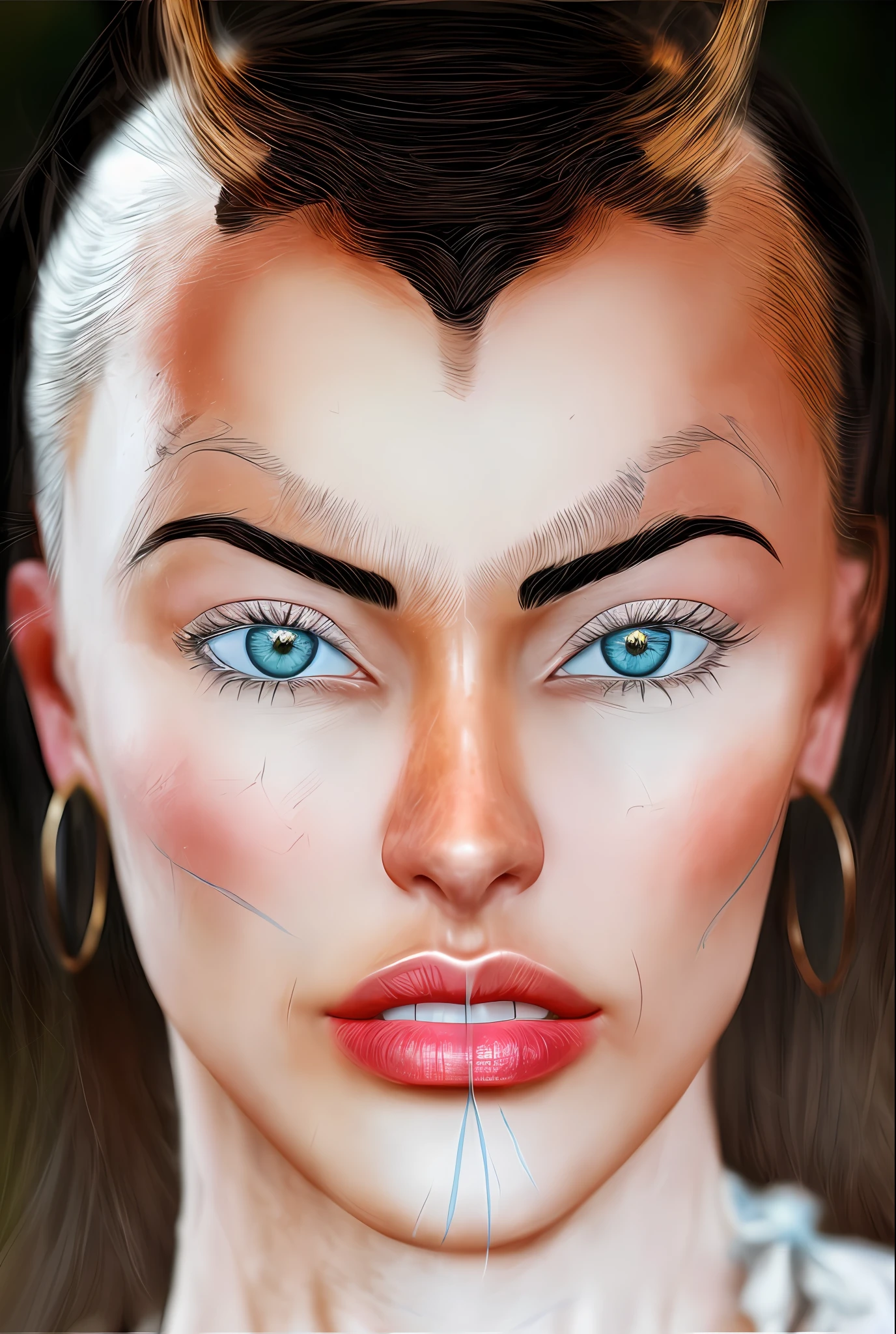 There is a montage of photos of different faces, the nose is of the actress monica bellucci, I want the same nose of the image in realistic style, I want the nose identical to the image in a realistic way, I want the nose without deformities, the mouth is the megan fox, I want the sensual mouth, I want the mouth identical to the mouth of the image, I want the mouth more like the image without defects and deformities, I want the eyebrow identical to the image realistically without deformities and defects, Sheeva's face from the game Mortal Kombat 9, I want you to remake a perfect face without defects, I want you to take this montage and create a realistic face with this image, of a woman with blue eyes, upper body avatar, pointed face, highly_detailed_face!!!, extremely detailed face and body, extremely detailed face, pointed face and blue eyes, with very detailed face, with detailed facial features, ultra detailed face, detail face, closeup character, I want the eyes identical to the image symmetrical to the image of the same size image, I want you to remake the same eye of the image, I want the eye equal to the eye of the image, I want the same eye of the image made equal to the image, I want the same eye of the image, I want the realistic skin without imperfections, perfect skin without defects and without deformity, I want you to make exactly the same face in realistic style, I want the forehead without imperfections in the forehead in the skin tone of the forehead, make it more like the face of the image, I want much more like the face of the image, I want the symmetry of the eyes identical to that of the image, make the forehead of it without even a deformity I want it to make the eyes much more like the one in the image, I want no makeup on the face, I want a symmetrical face without imperfections, light skin with pink tones, make the same face as the image in realistic style, I want the photorealistic image, realistic skin texture, make the skin without