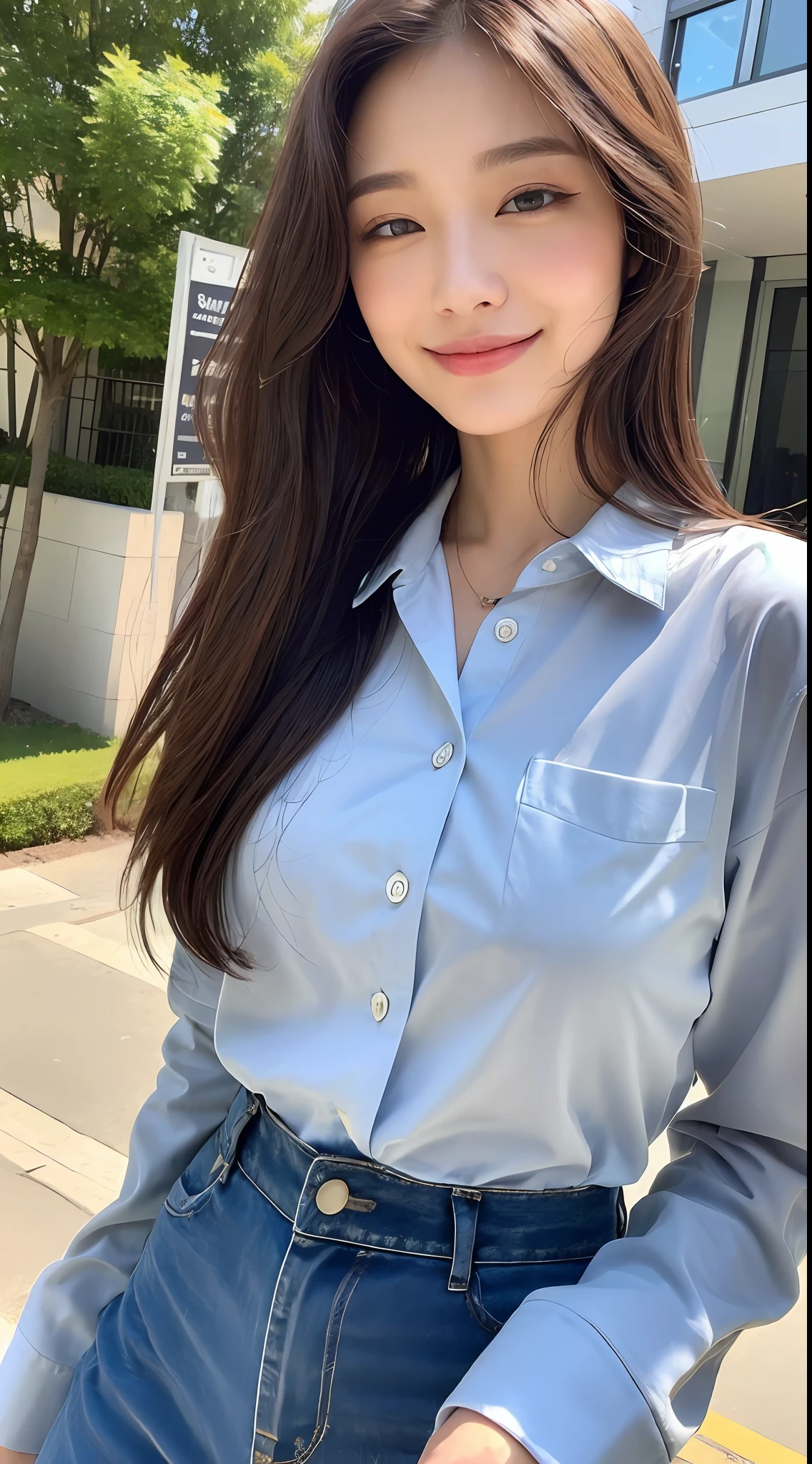 ((Top Quality, 8k, Masterpiece: 1.3)), Crisp Focus: 1.2, Beautiful Women with Perfect Style: 1.4, Slender Abs: 1.2, ((Dark Brown Hair, Big: 1.2)), Long Shirt (White Button Up: 1.1), Street: 1.2, Highly Detailed Face and Skin Texture, Detailed Eyes, Double Eyelids, Smile