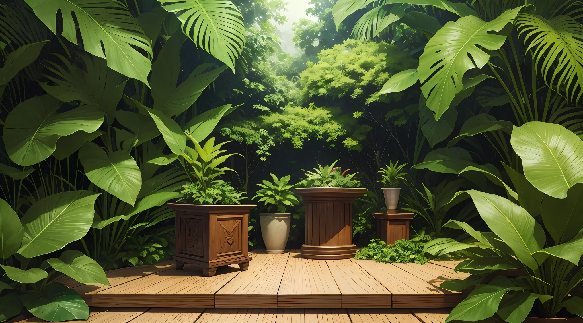 An exotic tropical wooden podium with lush green foliage as the backdrop for an impeccable product presentation resembling the beauty of the surrounding environment. --auto --s2