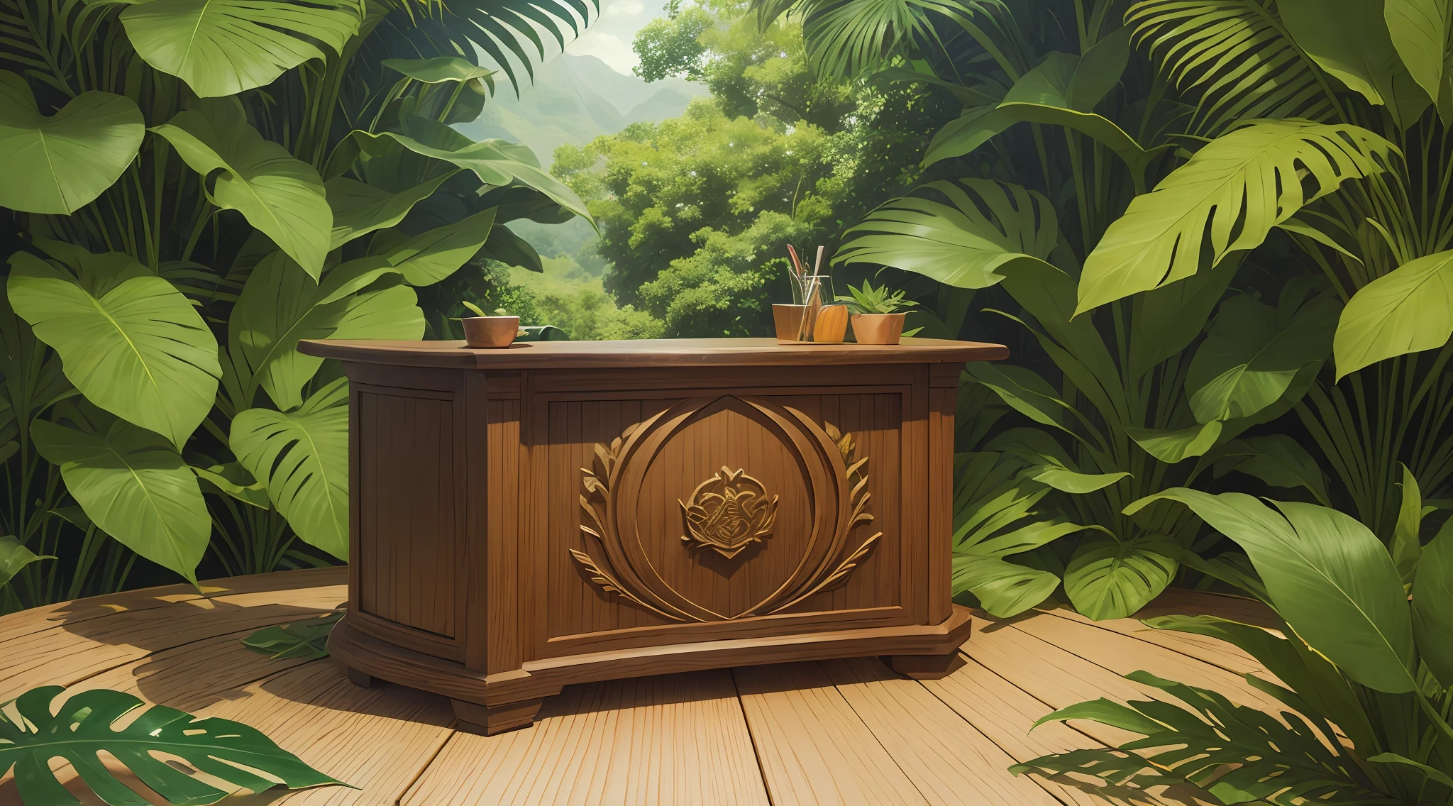 An exotic tropical wooden podium with lush green foliage as the backdrop for an impeccable product presentation resembling the beauty of the surrounding environment. --auto --s2