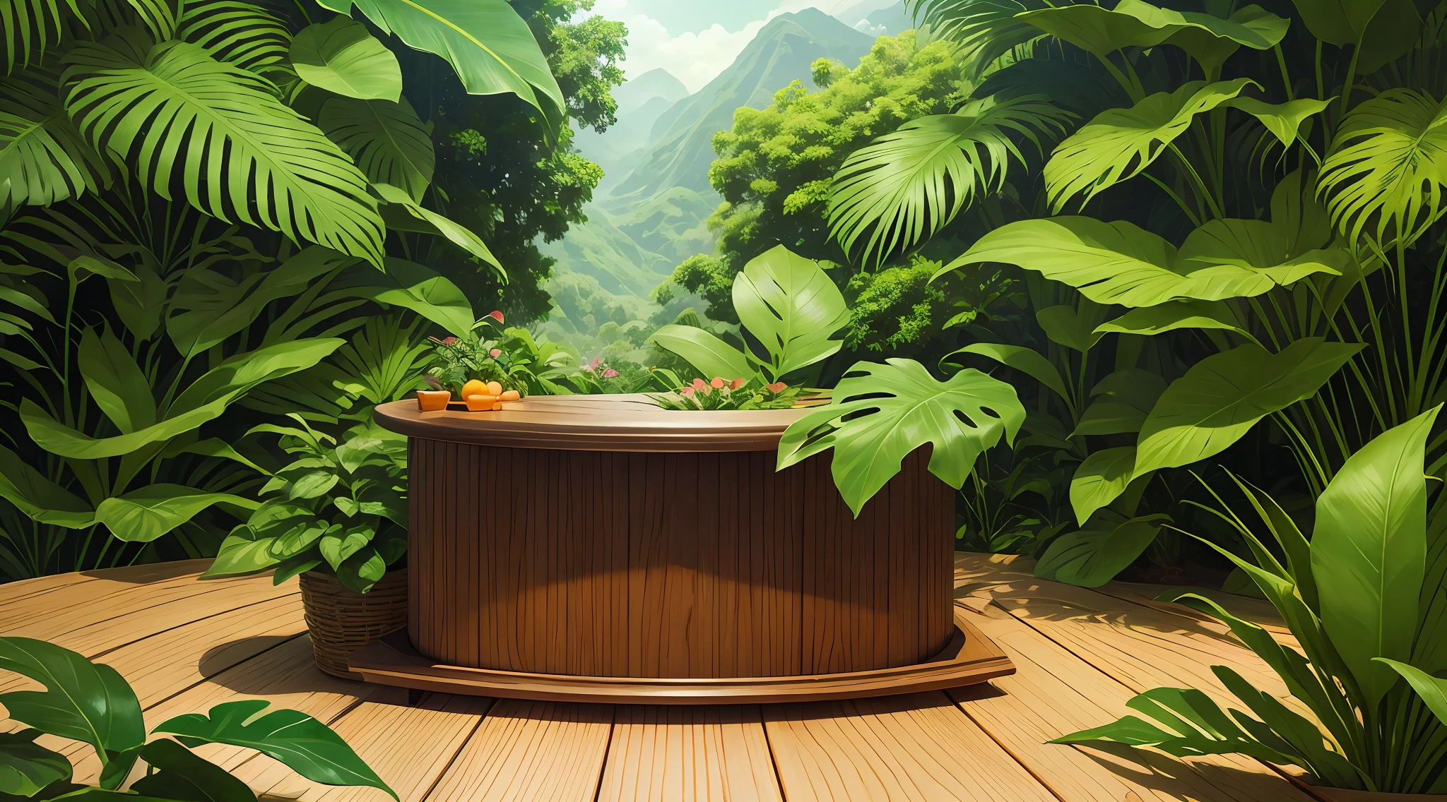 An exotic tropical wooden podium with lush green foliage as the backdrop for an impeccable product presentation resembling the beauty of the surrounding environment. --auto --s2