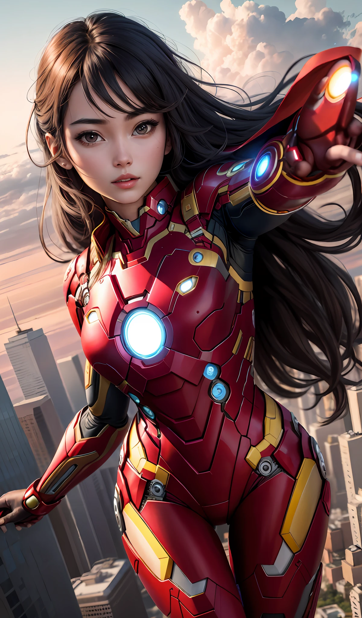 4k, realistic, carismatic, very detail, there is a girl on top sky, wearing iron man costum, she is a iron man, super hero theme, black long hair, 25 years old, full body