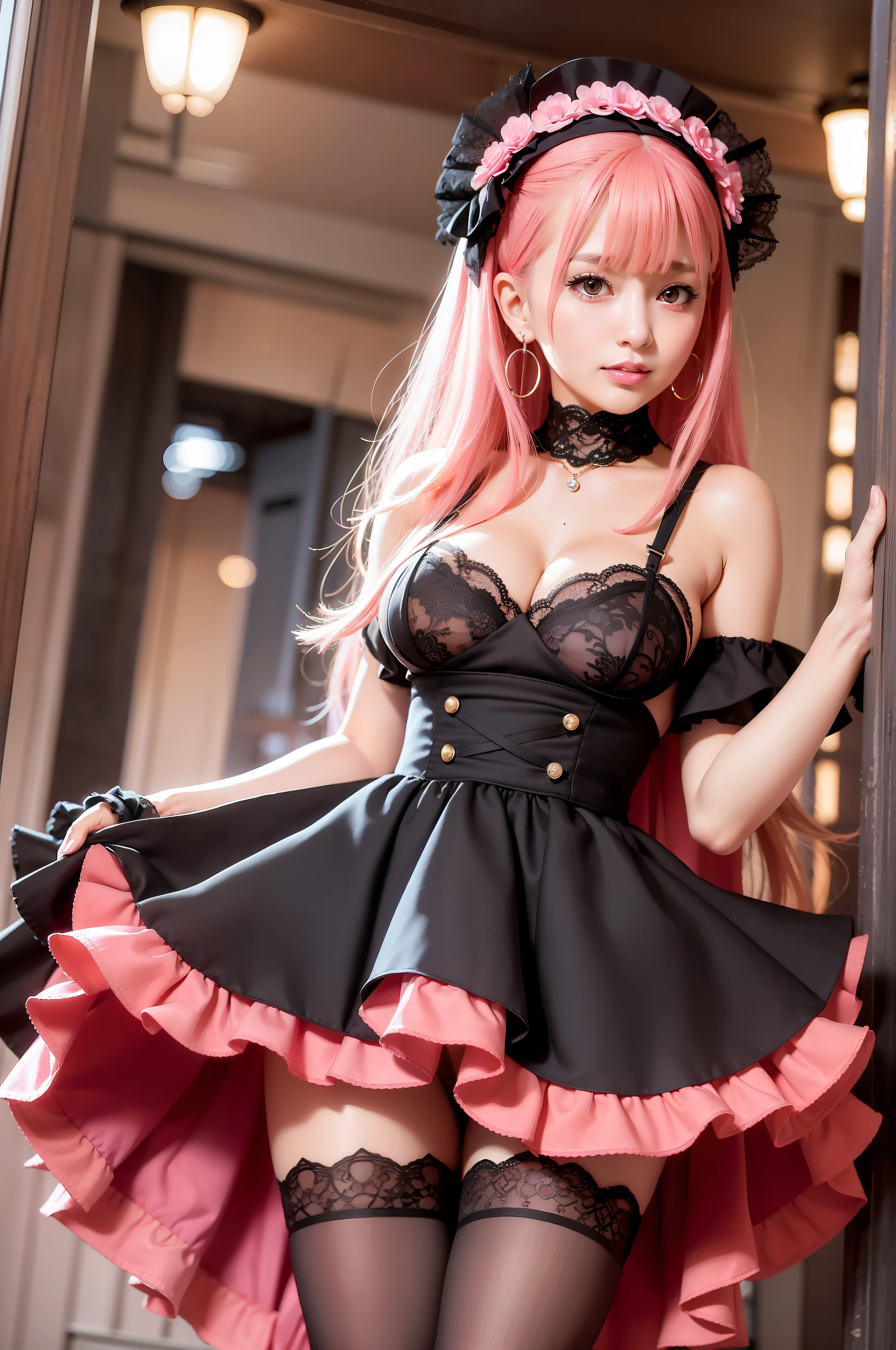 smile, pantyhose, lace, big, ruffled skirt, sexy look, earrings, pink maid clothes, mini skirt, absolute territory, sexy woman, seduction, gorgeous maid, goddess of Japan, maid café of Japan,