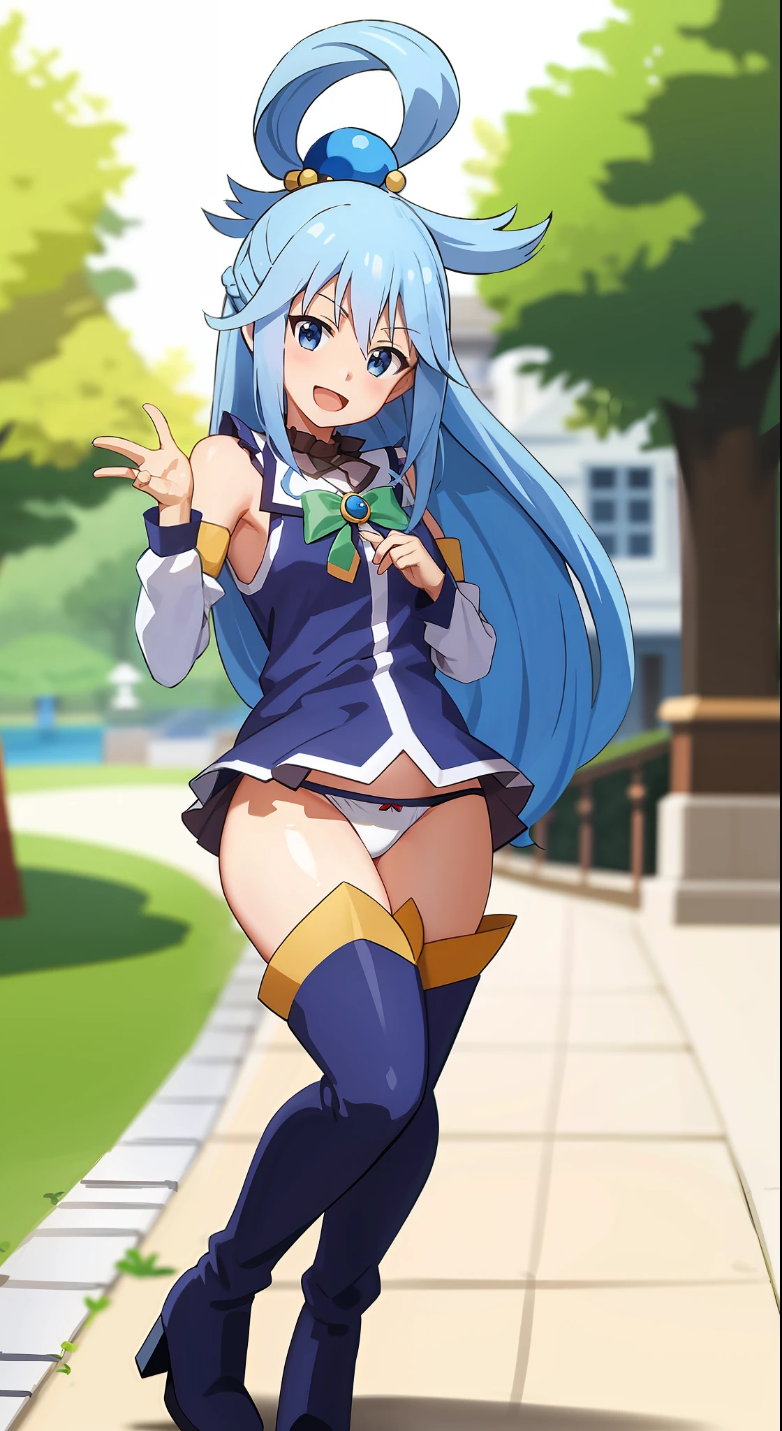 ,anime screenshot,anime coloring, showing panties, white panties, 1girl, long hair, solo, open mouth, smile, full body, head tilt, blue hair, blue eyes, separate sleeves, high boots, outdoor, sun, trees, river, hair ornament, simple background, bare shoulders, unique hair ring, green bow, looking at viewer,  blue shirt,