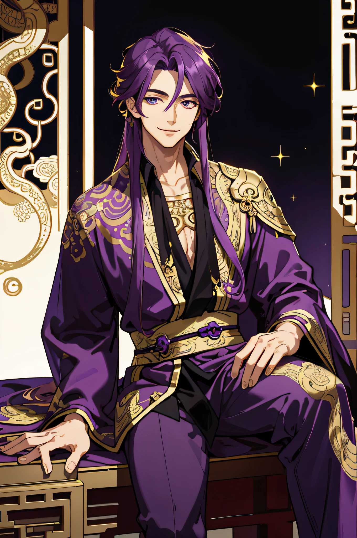 Masterpiece, best quality, 1 male, handsome, delicate eyes, intricate details, long purple hair, golden eyes, sitting, smile, gentle smile, costume, ancient Chinese, gorgeous robes, dark purple, black, golden, snake