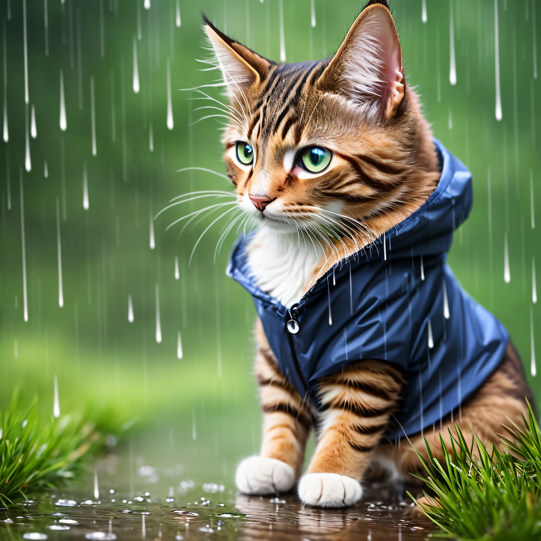 Realistic photo, masterpiece, hyperrealistic image, cat in the rain with a raincoat to his size so as not to get wet, in a forest, blurred background, cat cute, cat looking at the rain, small rain, cat on grass. --auto --s2