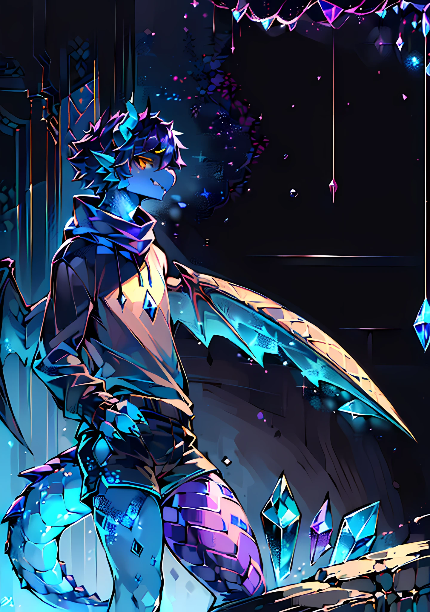 (((Masterpiece quality, highest definition, detailed texture)), 4K, 8K, Solo, Wings, Blue Gold Scarf, Webbed Claws, Barbs, Lots of Fine Scales, Stance, Short Hair, Underwater Environment, Crystal, Starry Sky, Cute Mermaid Boy Cub with Slender Tail, 5 Tails, Cute Face, (Broken Golden Eyes, Tentacle Tail, Crystal Dragon Horns and Schools of Fish with Crystals), (Glow Tattoos and Scales: 1.5), (Golden-Black Sweatshirt, Black Shorts), (Purple-Black Dragon Wings), (Shark and Aquatic Features, Fangs), , (Scales, tattoos), (hair is blue-black), (crystal scales and dark scales), more glowing tattoos and scales.
