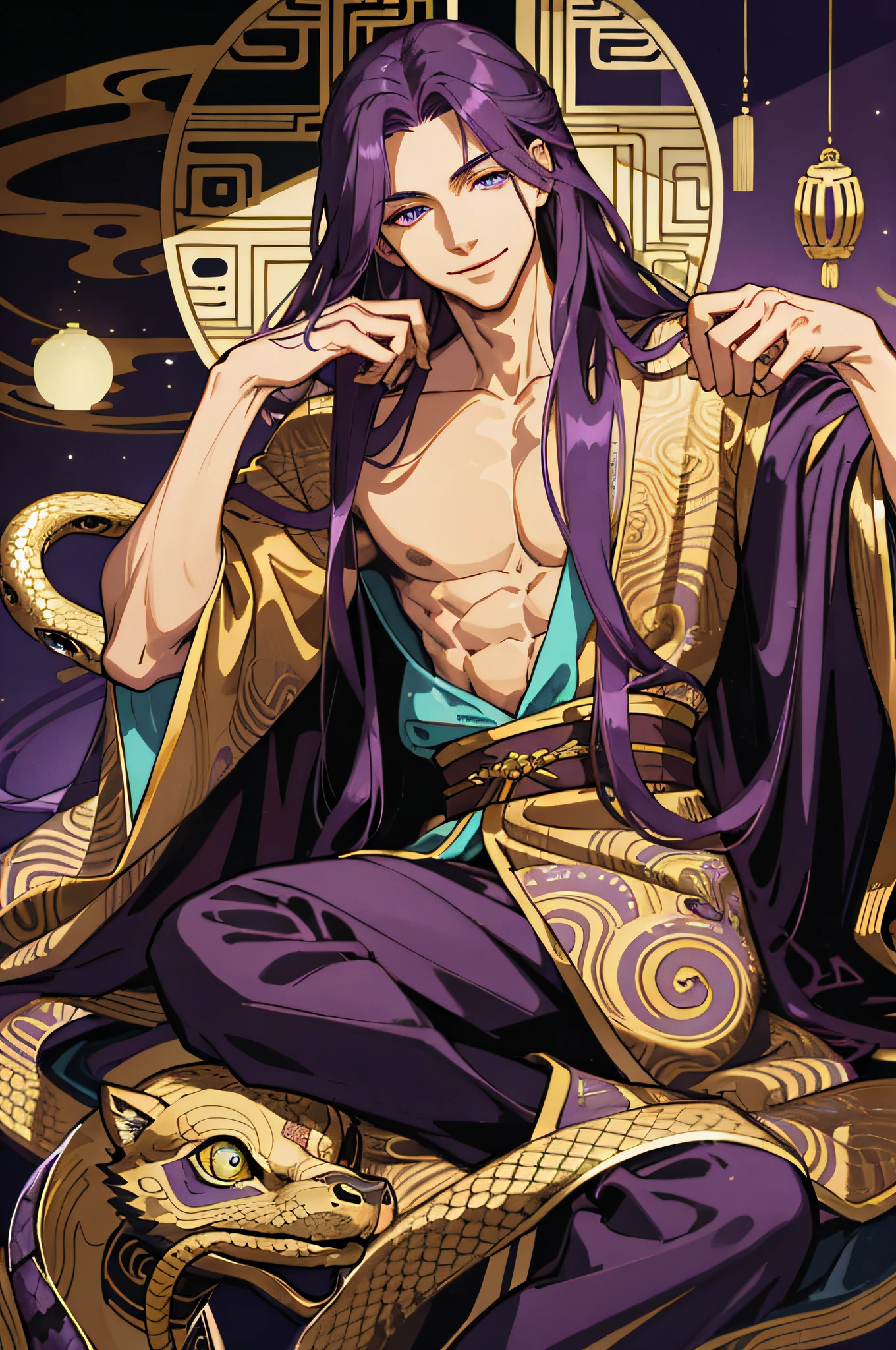 Masterpiece, best quality, 1 male, handsome, delicate eyes, intricate details, long purple hair, golden eyes, sitting, smile, gentle smile, costume, ancient Chinese, gorgeous robes, dark purple, black, golden, snake