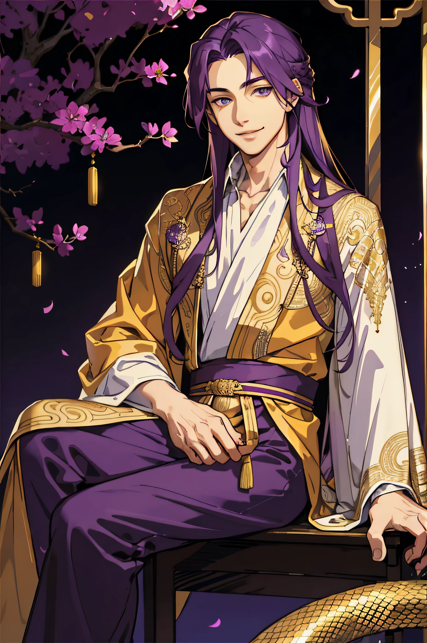 Masterpiece, best quality, 1 male, handsome, delicate eyes, intricate details, long purple hair, golden eyes, sitting, smile, gentle smile, costume, ancient Chinese, gorgeous robes, dark purple, black, golden, snake