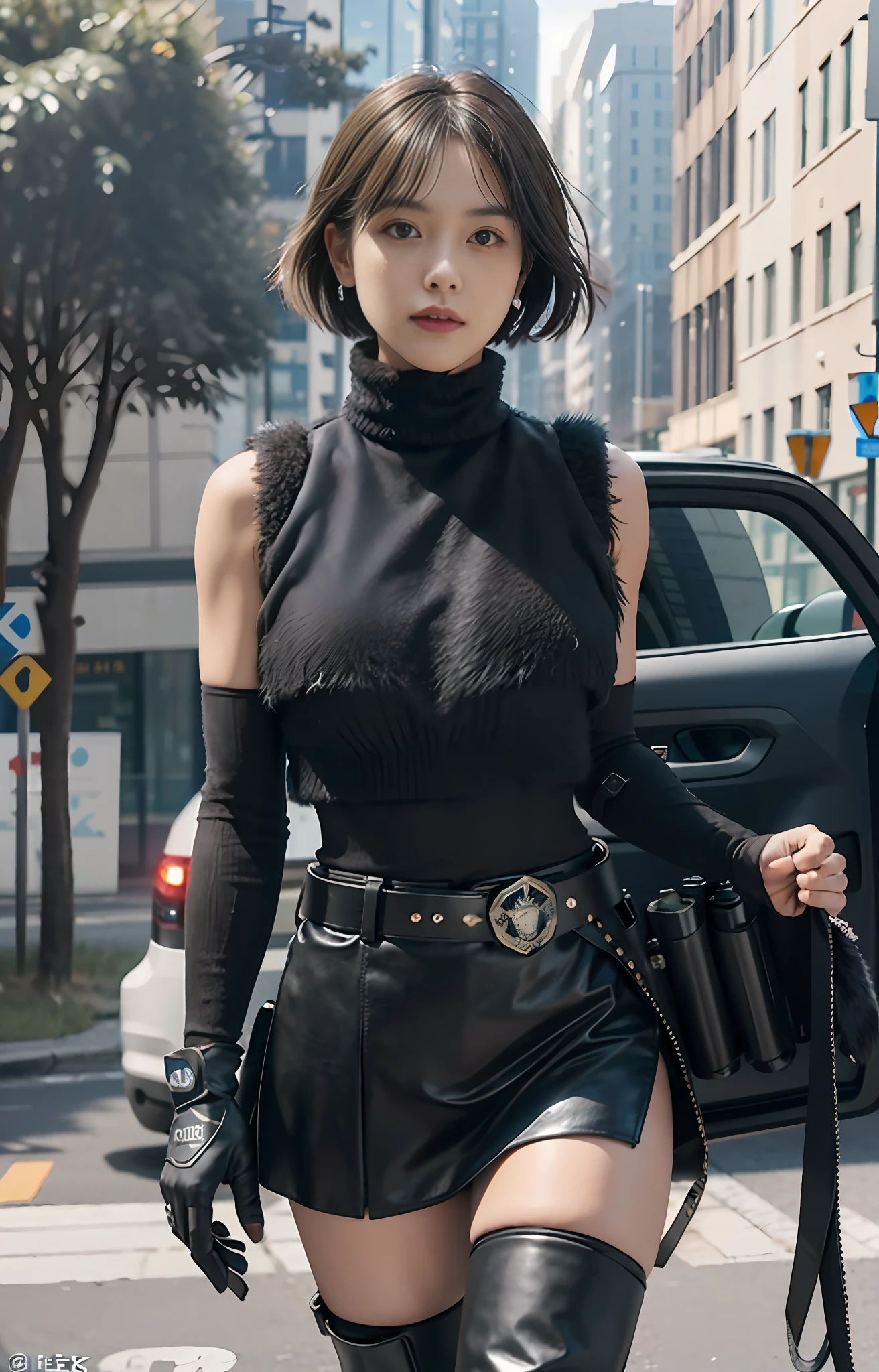 Official art, extremely detailed CG Unity 8k wallpaper, best quality, masterpiece, high resolution, beautiful girl criminal police, short hair, black crop top fur vest, brown belt, pistol holster on thigh, pistol, body armor, tactical gloves, black minileather skirt, police uniform style, black long tube flat boots, police badge on chest, police car
