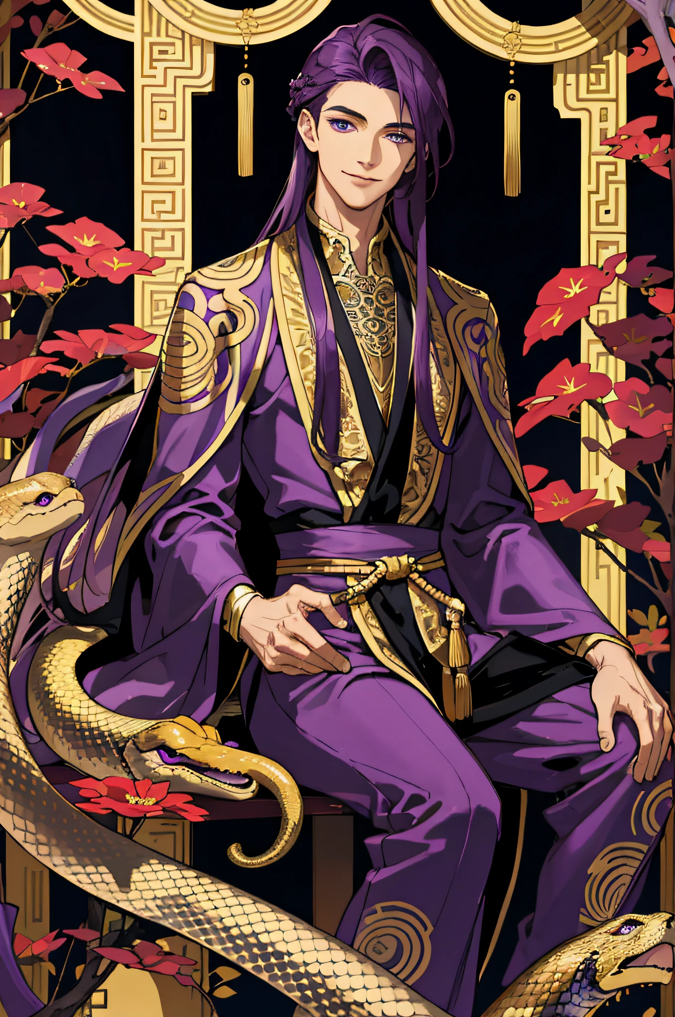 Masterpiece, best quality, 1 male, handsome, delicate eyes, intricate details, long purple hair, golden eyes, sitting, smile, gentle smile, costume, ancient Chinese, gorgeous robes, dark purple, black, golden, snake