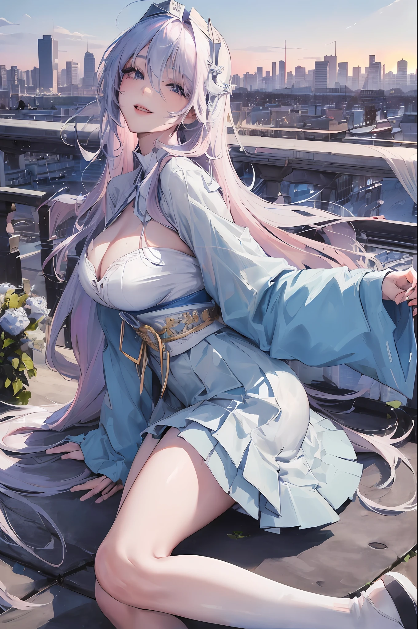 official art, masterpiece, sharp focus, (beautiful gorgeous cute Korean woman:1.3), (beautiful cute korean:1.3), korean beauty, Delicate and beautiful hair and eyes and face, realistic, ultra detailed, beautiful girl, blue sky, glow white particle, (sidelighting:1.2), sun light, white cloud, detailed clouds, slender, Lovely very large breasts and very large hips, smile with teeth, ((smile with eyes, open both eyes)), scenery, long straight hair, sexy facial expression, building, (cityscape:1.7), dynamic hair, long straight hair, detailed platinum pink hair, glow blue eyes, (blue pleated shirts + white skirt), white long socks, pale skin, hair ornament, epic scenery,
