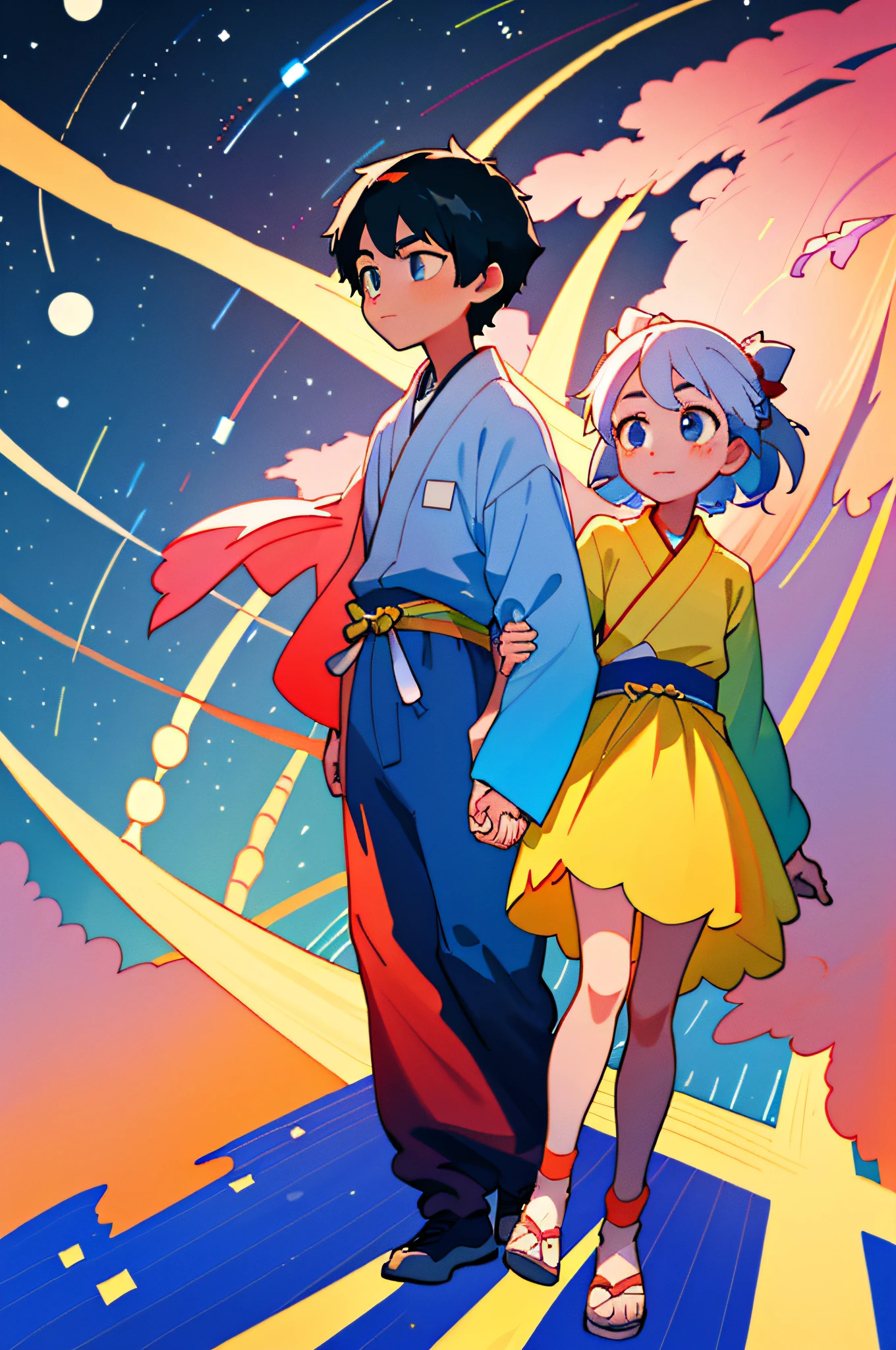 (Best Quality, Masterpiece), Tanabata, boy1, girl1. Look at each other and hold hands