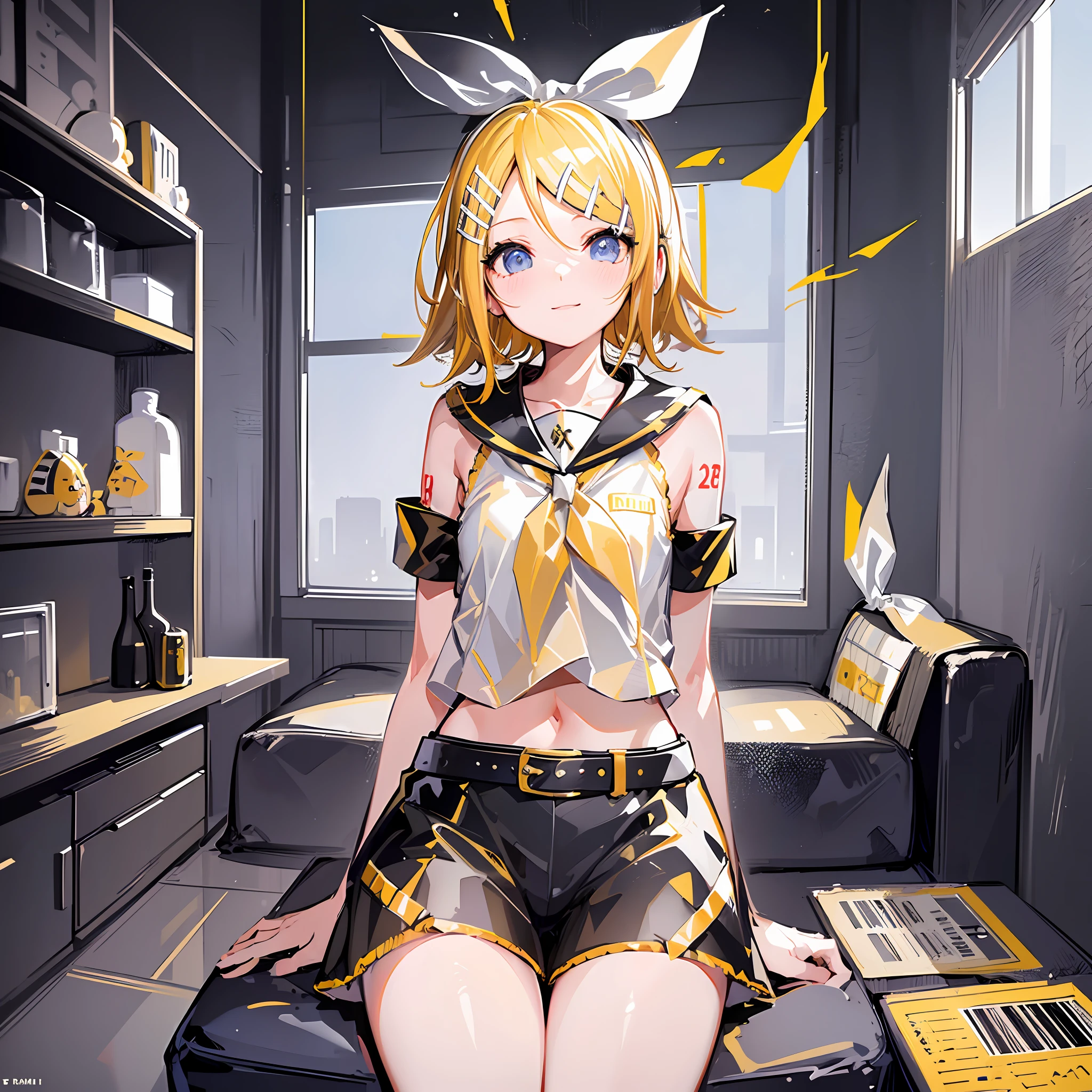 (Masterpiece), (Best Quality), (Illustration), (Super Detail), (High Resolution), Absurdity, One Girl, (Kagamine_Rin:1.5), (Vocaloid), Shoulders are cut off, Short Hair, Hair Clip, Blush, (Blonde), Very Cute Girl, Small, Young, Delicate, Attention to Girl, Living Room, Rough Outfit, Cute, She, Smile, Best Moment, Sailor Suitcute, black shorts, belt, blue eyes, bright eyes, cool