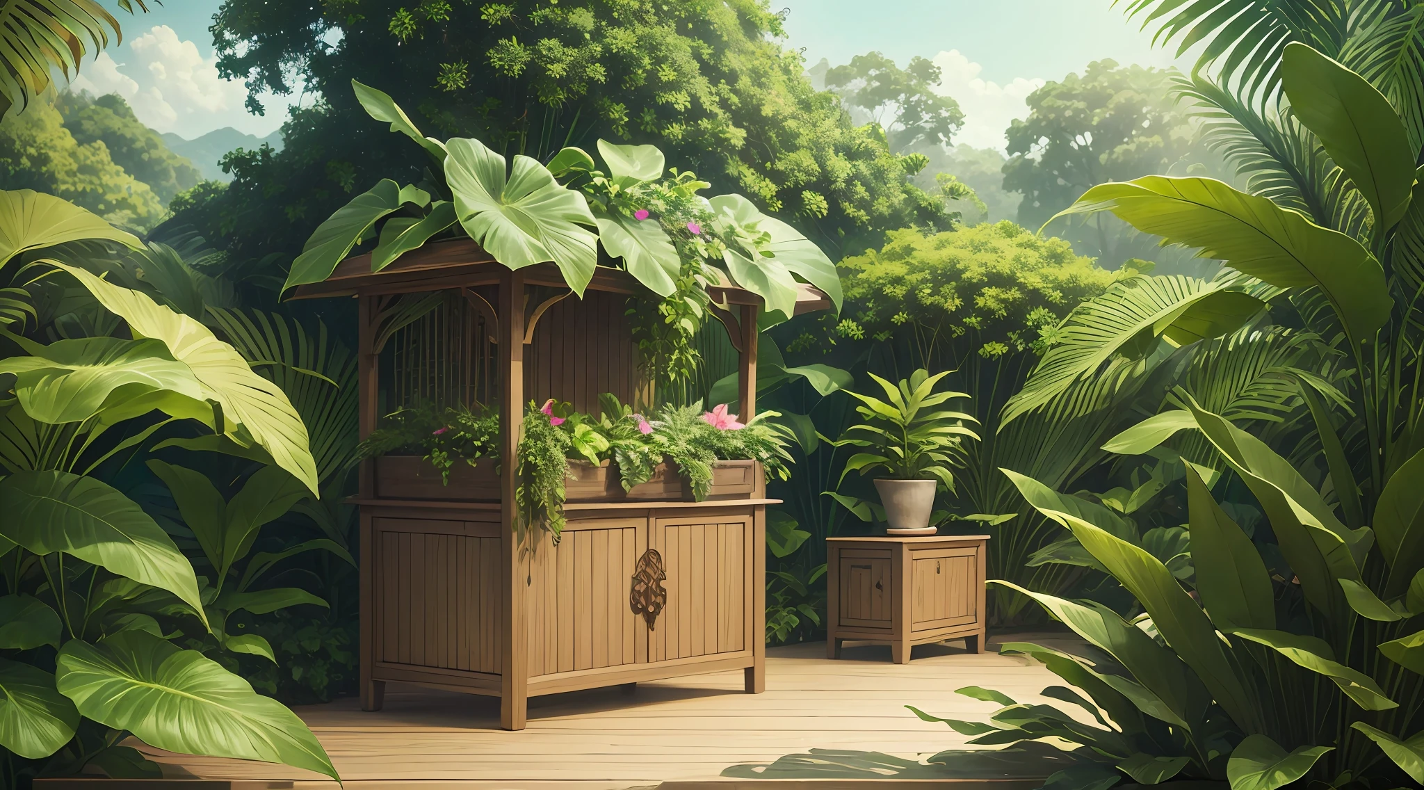 An exotic tropical wooden podium with lush green foliage as the backdrop for an impeccable product presentation resembling the beauty of the surrounding environment. --auto --s2