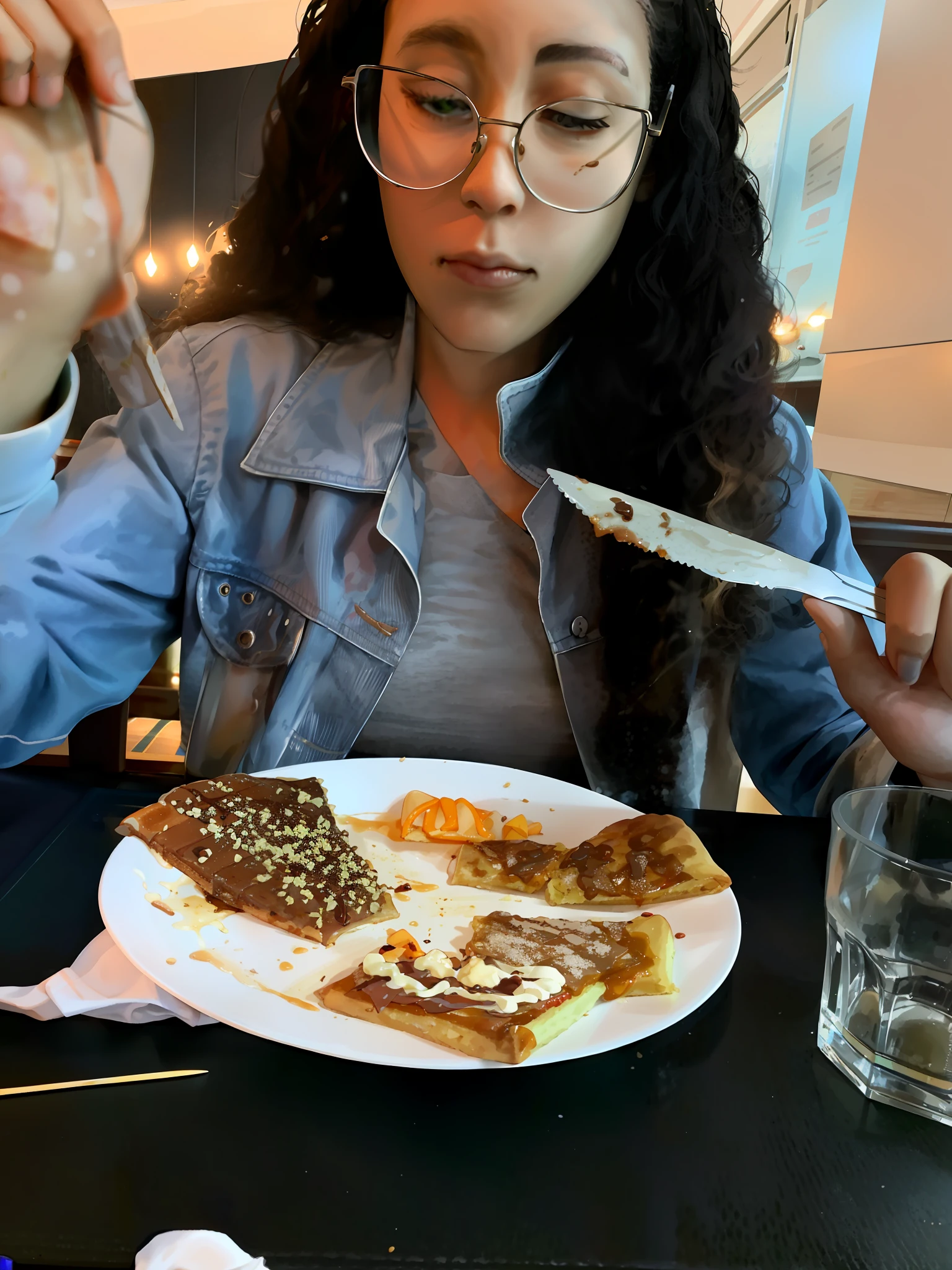 woman with a knife and fork in front of a plate of food, eating cakes, mukbang, eating mars bar candy, eating, smothered in melted chocolate, photograph taken in 2 0 2 0, disgusting food, eating pizza, emo girl eating pancakes, photo taken in 2 0 2 0, poor quality, very poor quality of photography, closeup at the food