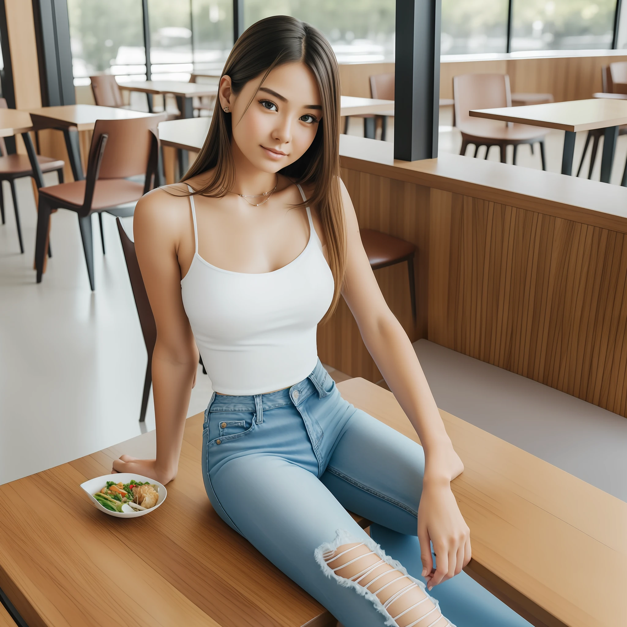 realistic photo of a girl wearing a top, bare shoulders, jeans, sitting in a cafeteria, eating Japanese food, beautiful, detailed face, detailed, highres, realistic, photorealistic, full body, head to toe, legs, matte skin, pores, wrinkles, --auto --s2