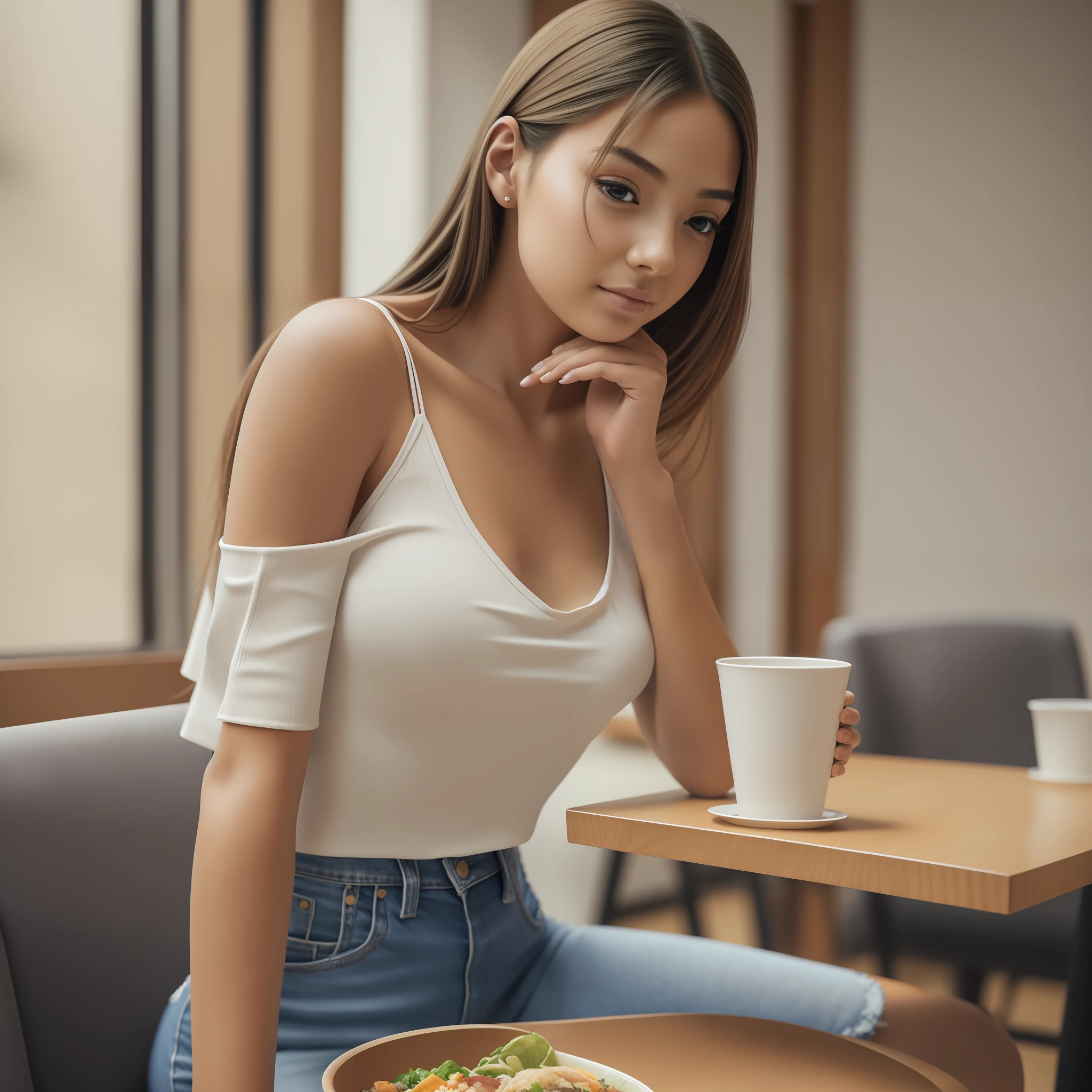 realistic photo of a girl wearing a top, bare shoulders, jeans, sitting in a cafeteria, eating Japanese food, beautiful, detailed face, detailed, highres, realistic, photorealistic, full body, head to toe, legs, matte skin, pores, wrinkles, --auto --s2