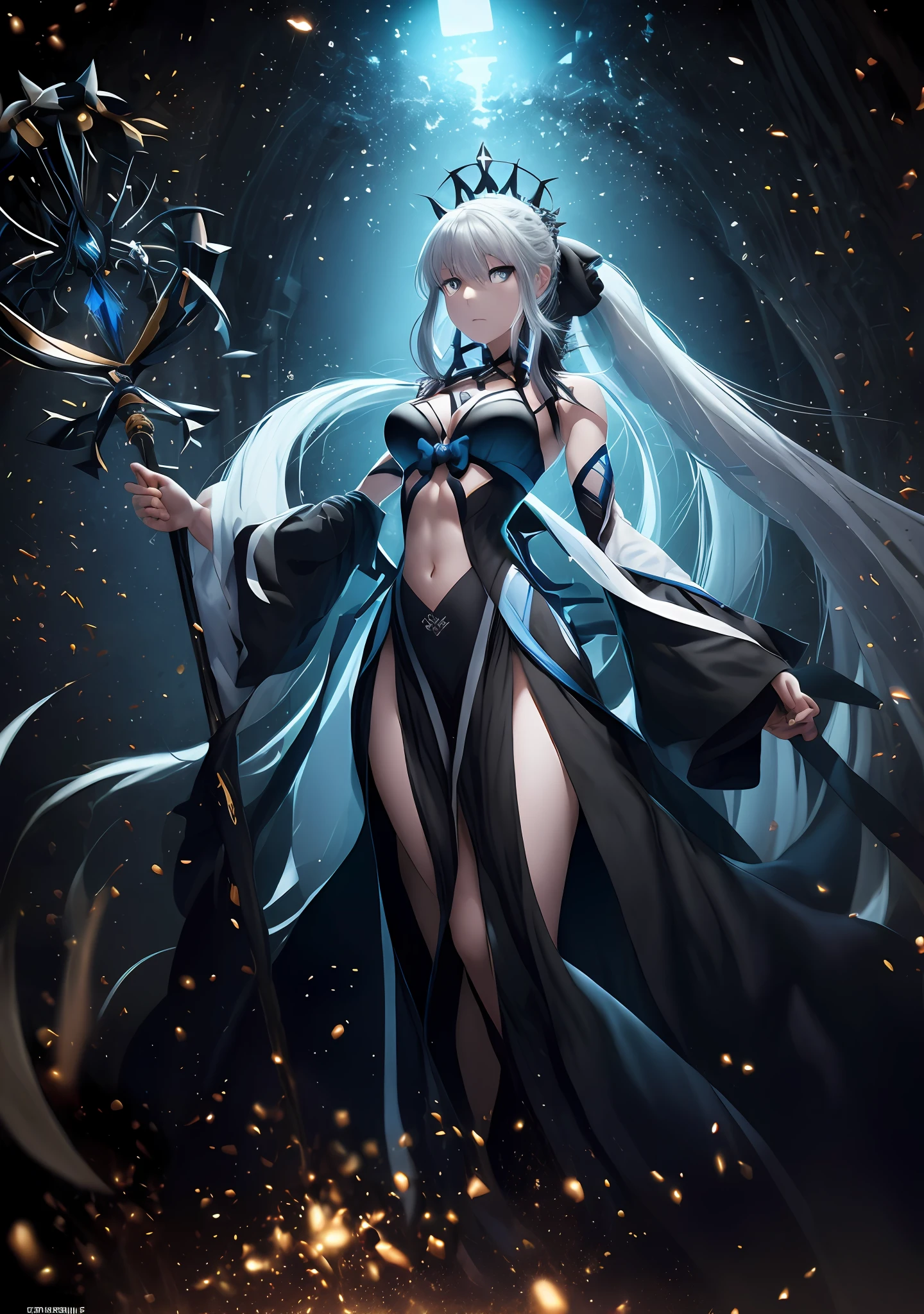 4 k 漫画壁纸， 动漫艺术壁纸 8 K，动漫壁纸， 动漫风格 4K， 美丽的动漫艺术品，1girl, black dress, bow, braid, breasts, detached sleeves, dress, floating hair, French braid, highness, long hair, looking at the viewer, medium breasts, navel, ponytail,, sidelocks, solo, spikes, staff, tiara, very long hair, black sleeves, fate/grand order, Morgan le Fay， drop shadow， 白发，黑色法杖，微笑