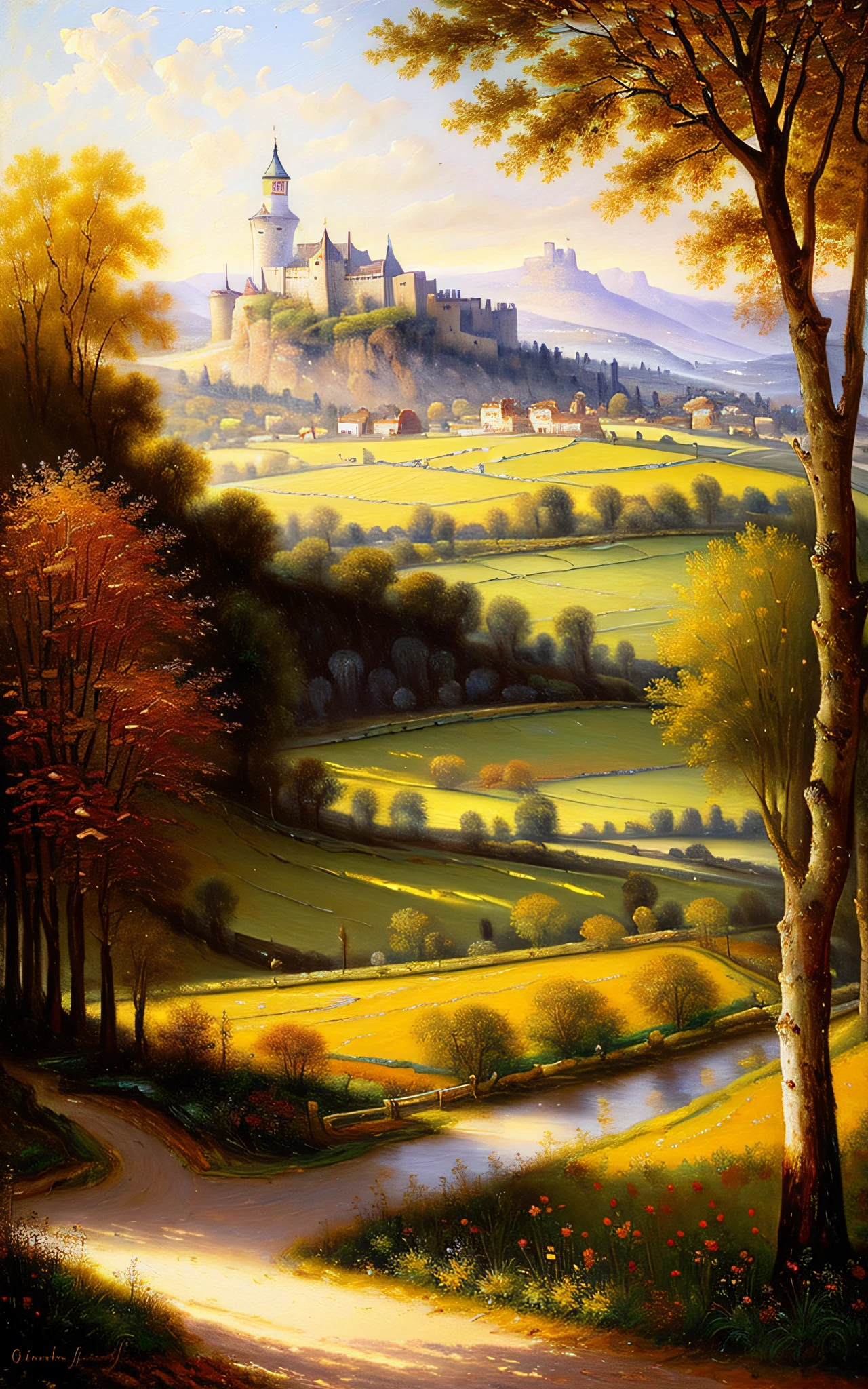 (distant view:1.3),(award-winning oil painting:1.3), (8k, oil painting, best quality:1.3), (realistic, oil-painting:1.1), A gorgeous and intricate castle in Cozy bakery, fresh pastries, warm aroma, inviting, charming, Portait of a (outdoors landscape:1.5), Rembrandt style