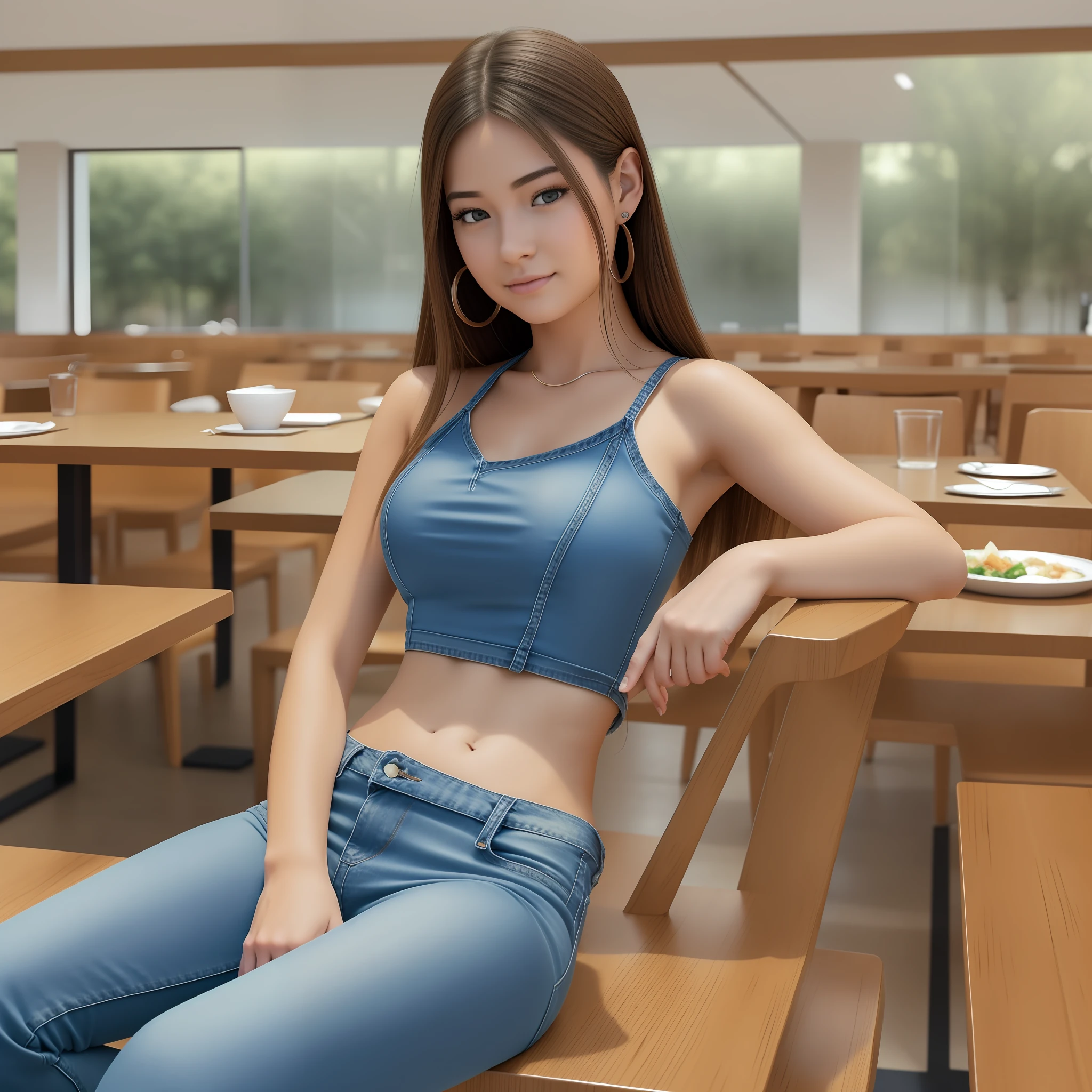 realistic photo of a girl wearing a top, bare shoulders, jeans, sitting in a cafeteria, eating Japanese food, beautiful, detailed face, detailed, highres, realistic, photorealistic, full body, head to toe, legs, matte skin, pores, wrinkles, --auto --s2