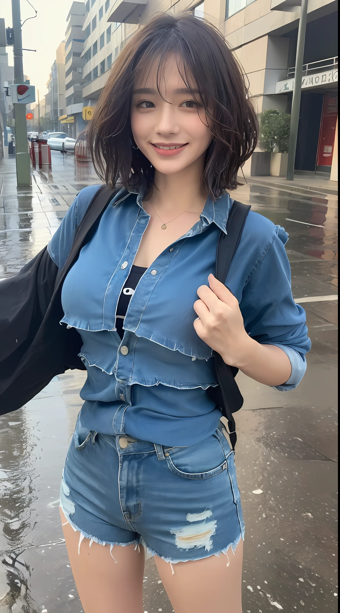 ((Best Quality, 8k, Masterpiece:1.3)), Focus:1.2, Perfect Body Beauty:1.4, Buttocks:1.2, ((Layered Haircut,:1.2)), (Wet Clothes:1.1) , (Rain, Street:1.3), Wet:1.1, Highly detailed face and skin texture, Detailed eyes, Double eyelids, shorts, shorts, buttocks, big breasts, smile,