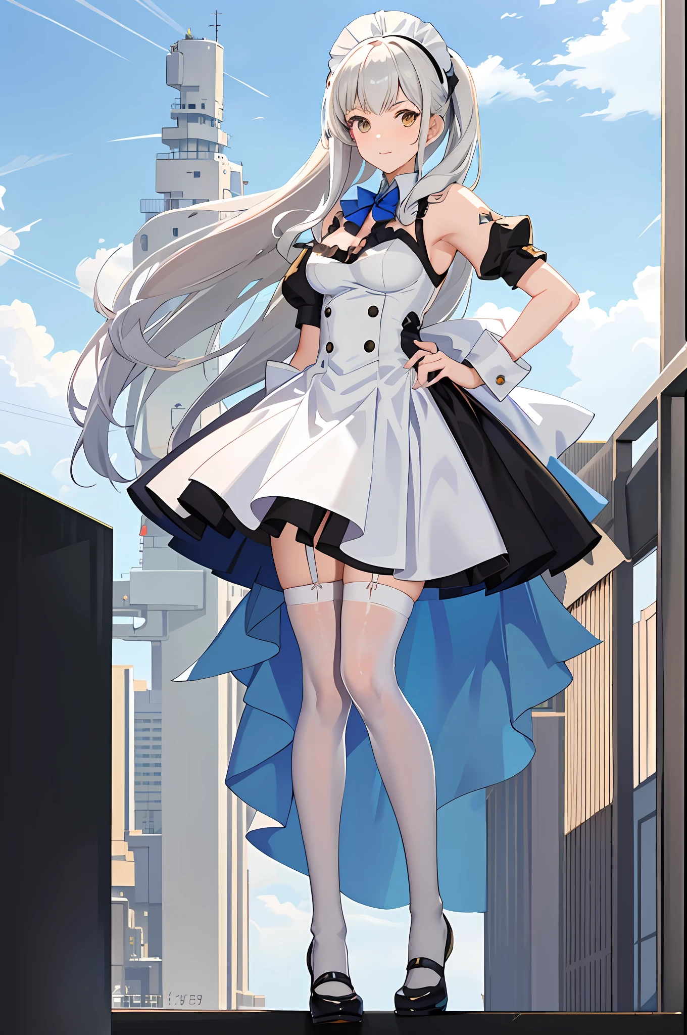 anime character dressed in white uniform posing in front of a building, anime girl in a maid costume, with index finger, anime moe artstyle, maid outfit, marin kitagawa fanart, fine details. girls frontline, hestia, from girls frontline, official artwork, high detailed official artwork, girls frontline style, girls frontline cg, albedo from overlord --auto --s2