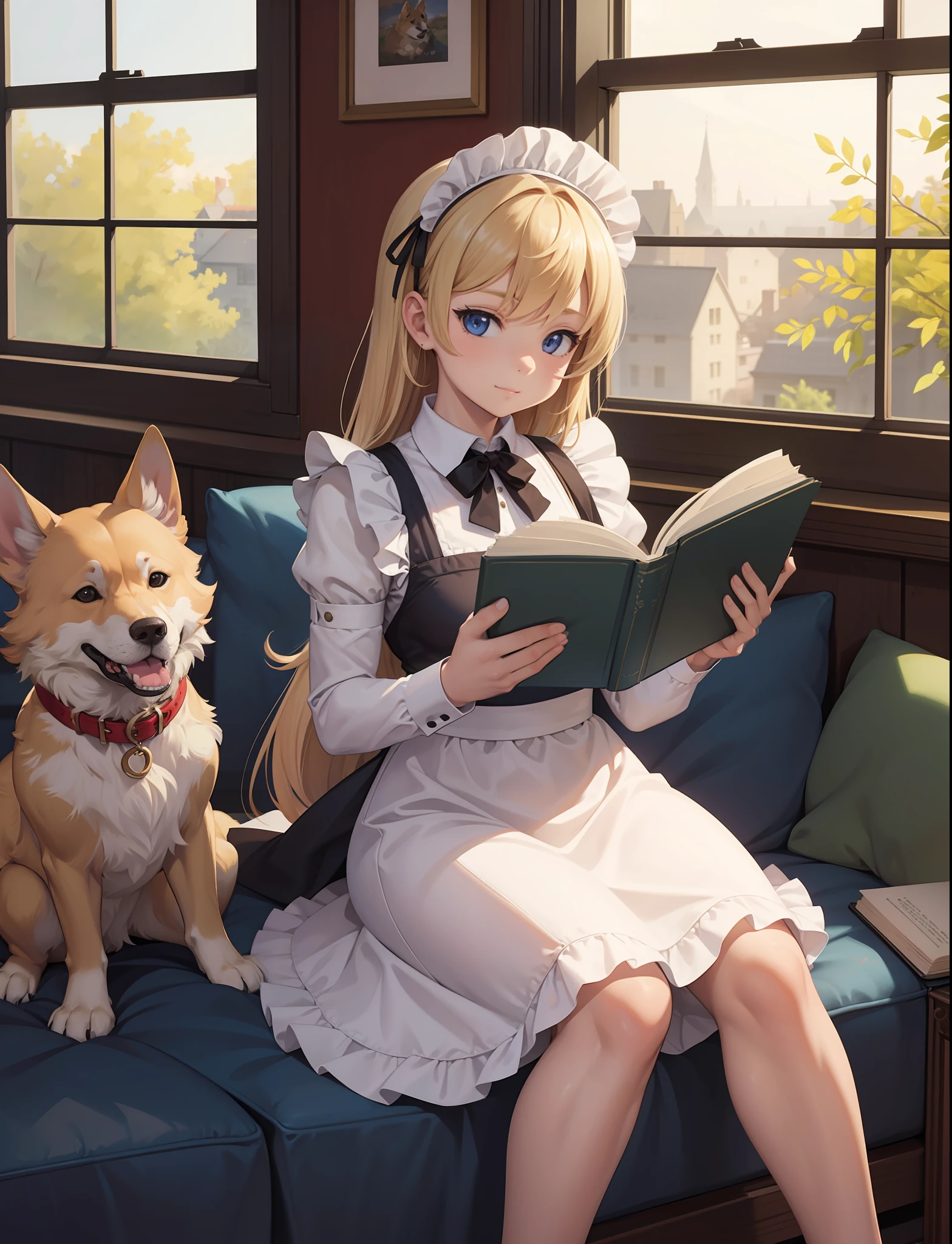 masterpiece, best quality, furry, reading book, blonde, servaldog, dog, side of windows, perfect light,sit
, adorable, maid dresss, looking at viewer,