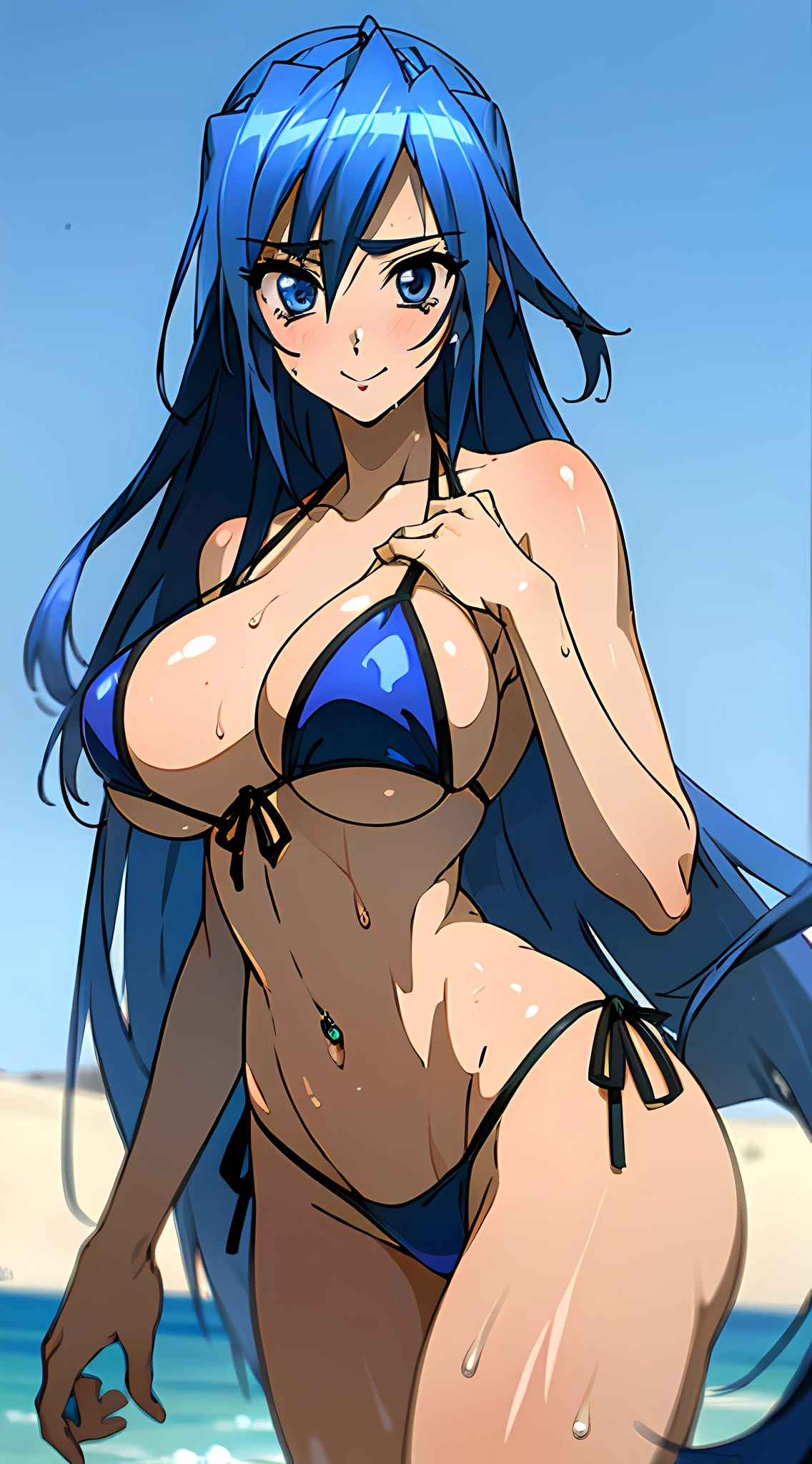 (An ultra-realistic and detailed) depiction of a (voluptuous and toned) (1girl) (Kazanari Tsubasa) in (a tantalizing) (microbikini) with (a seductive smile) (and) (long, lustrous hair) (dripping with sweat) (as she takes a refreshing swig of water), all set against (a beautiful beach background) with a stunning (depth of field) effect. Boosting the color saturation will make sure every shade of her (blue hair and piercing blue eyes) stands out."