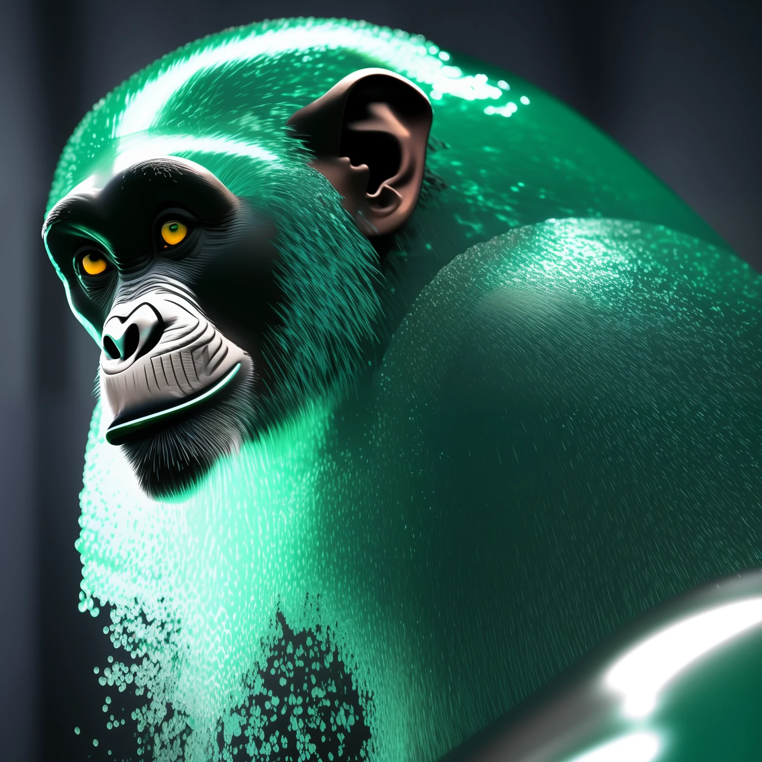 green watery liquid melting from a chimpanzee semi-transparent green color, AI generated, action, cinematic, matrix filter, photorealistic, 8k , hyperrealistic , octane render, unreal engine, Lighting dramatic, dark, dark night Enigmatic, 8k, cinematic character, side view from below, Macro photography, 35mm lens, still film photography, shot with canon 3:2 --auto --s2