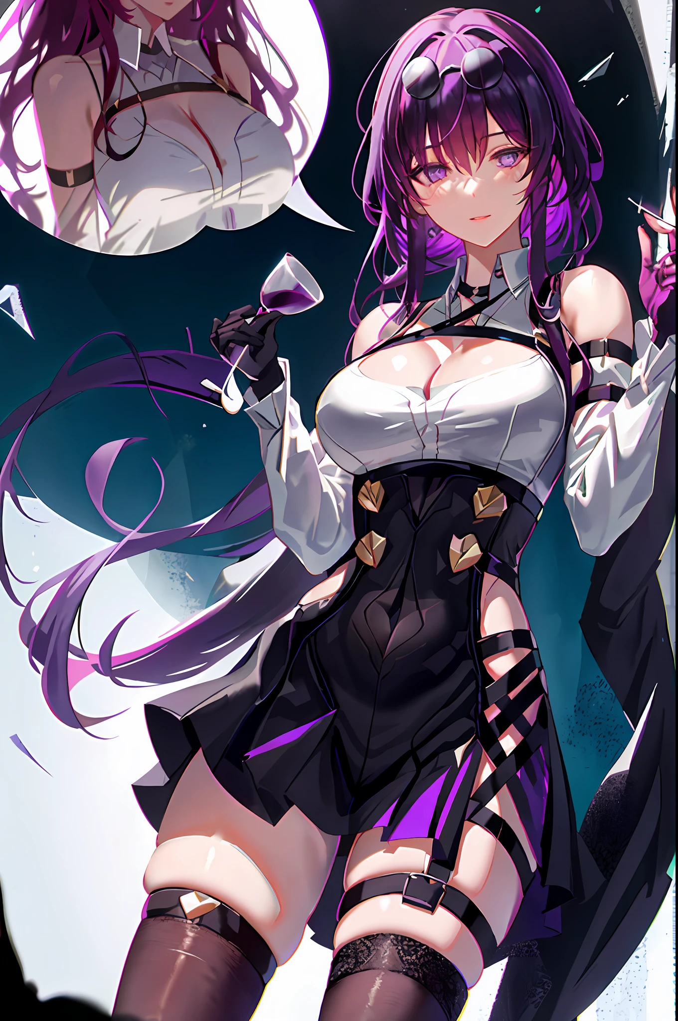 Kafka, honkai star rail, 1girl, alcohol, alternate costume, armlet, bare shoulders, black background, black dress, black gloves, black thighhighs, large breasts, cleavage, criss-cross halter, cup, dress, drinking glass, flower, gloves, gradient background, hair between eyes, sunglass on head, halterneck, holding, holding cup, large breasts, long hair, looking at viewer, purple hair, purple short nails, purple eyes, see-through gloves, solo, thighhighs, thighs, long hair, wine, wine glass, ((masterpiece)) pleated purple skirt, sitting,