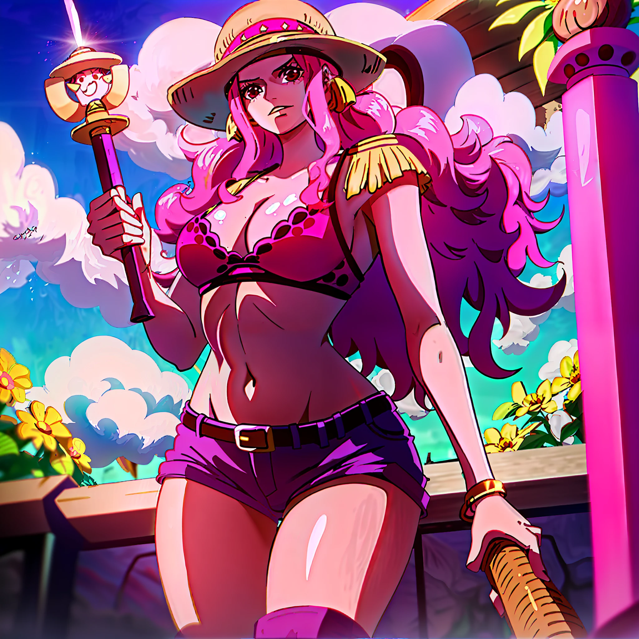 Young woman with long pink hair,large breasts and wide hips,wearing only flowery pink bra and short shorts,white boot,with a straw hat,with a sword sheathed at her waist,the hilt of the sword is golden