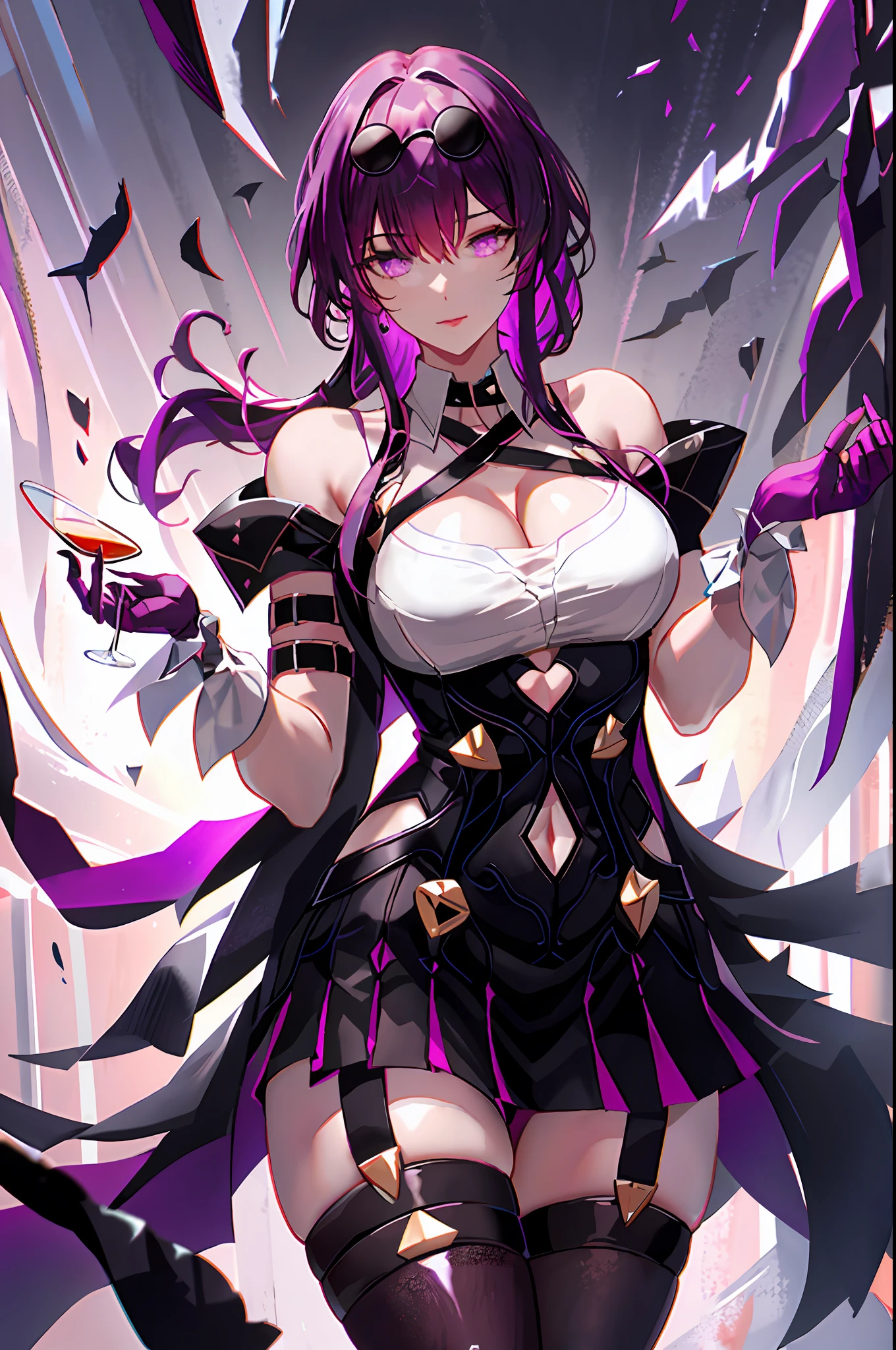 Kafka, honkai star rail, 1girl, alcohol, alternate costume, armlet, bare shoulders, black background, black dress, black gloves, black thighhighs, large breasts, cleavage, criss-cross halter, cup, dress, drinking glass, flower, gloves, gradient background, hair between eyes, sunglass on head, halterneck, holding, holding cup, large breasts, long hair, looking at viewer, purple hair, purple short nails, purple eyes, see-through gloves, solo, thighhighs, thighs, long hair, wine, wine glass, ((masterpiece)) pleated purple skirt, sitting,