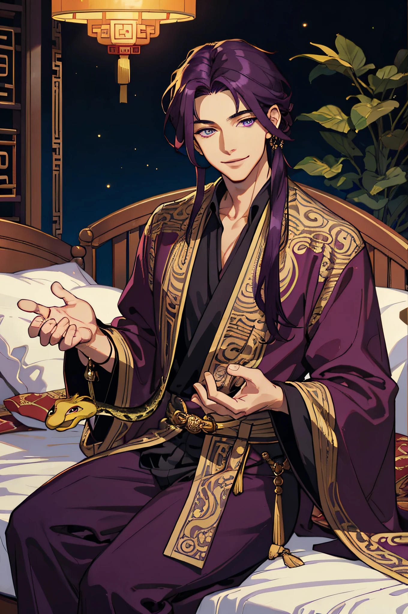 Masterpiece, best quality, 1 male, handsome, delicate eyes, intricate details, long dark purple hair, golden eyes, sitting on bed, smile, gentle smile, period costume, ancient Chinese, gorgeous robes, black, snake