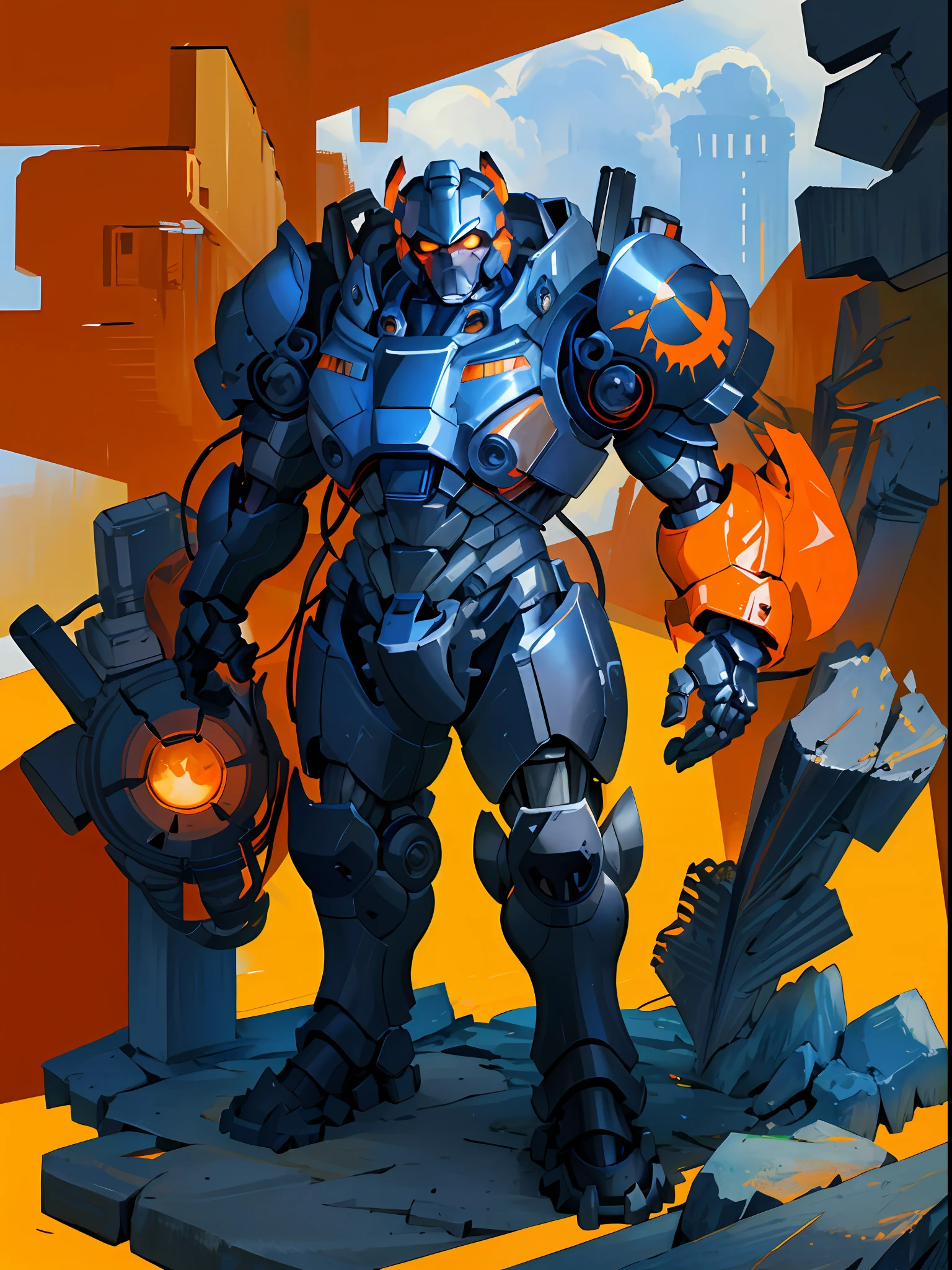 (masterpiece, best quality), (1mecha, solo), dead eyes, standing, large and bulky futuristic armor mecha in a black orange suit of armor,armor, nike,