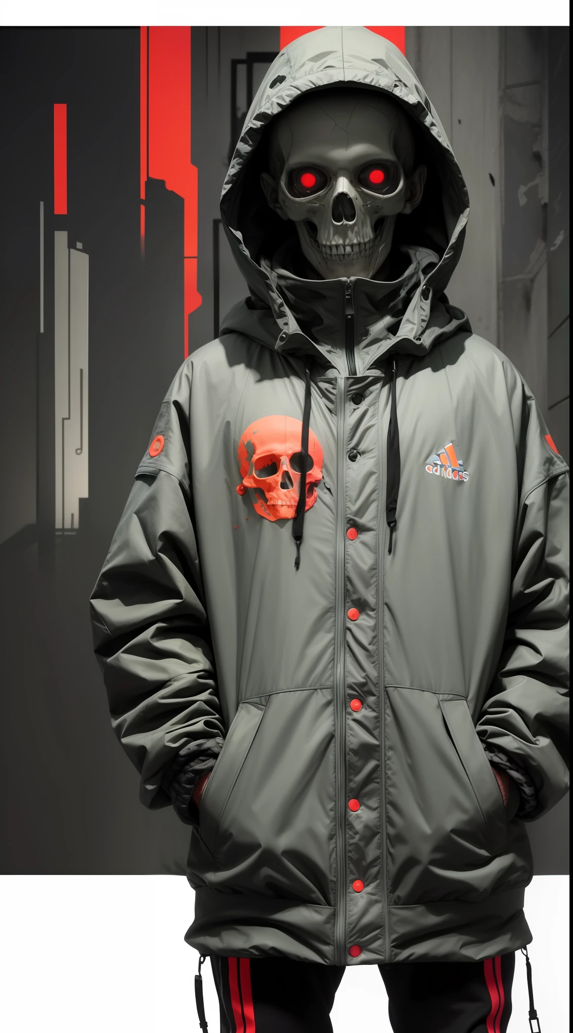 Ultra wide photo,artgem,minimalist,fashion(1 zombie decrepito cadaverico)with adidas coat and hood,abstract background