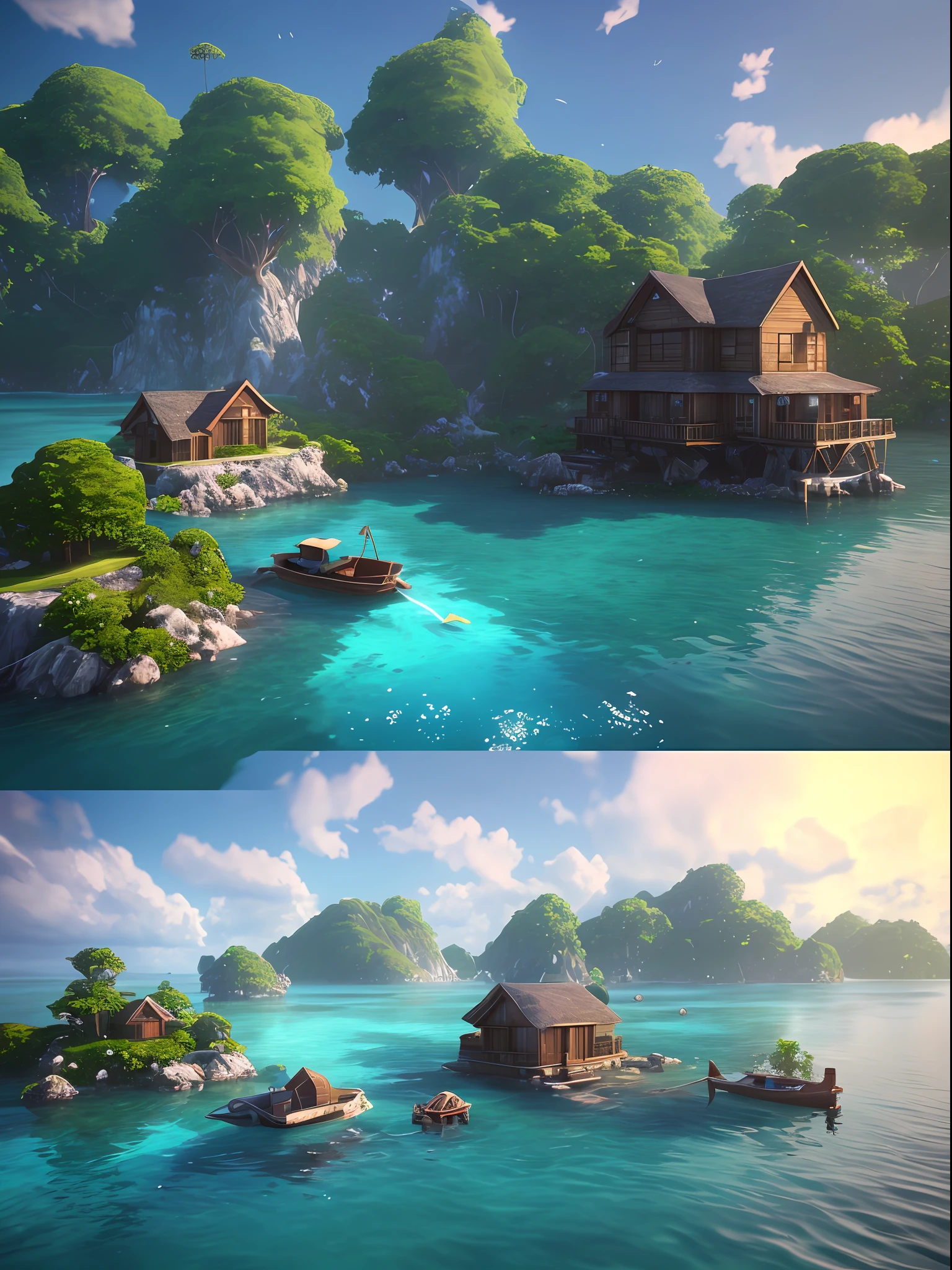 there is a small island with a house and a boat in the water, realistic 3 d style, gorgeous 3d render, in the art style of filip hodas, stylized 3d render, beautiful 3d render, 3 d render beeple, stunning 3 d render, stunning 3d render, stylized as a 3d render