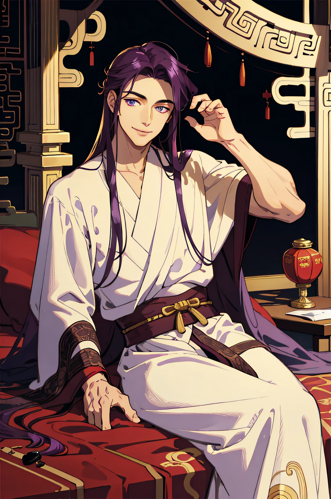 Masterpiece, best quality, 1 male, handsome, delicate eyes, intricate details, long dark purple hair, golden eyes, sitting on bed, smile, gentle smile, period costume, ancient Chinese, gorgeous robes, black, snake