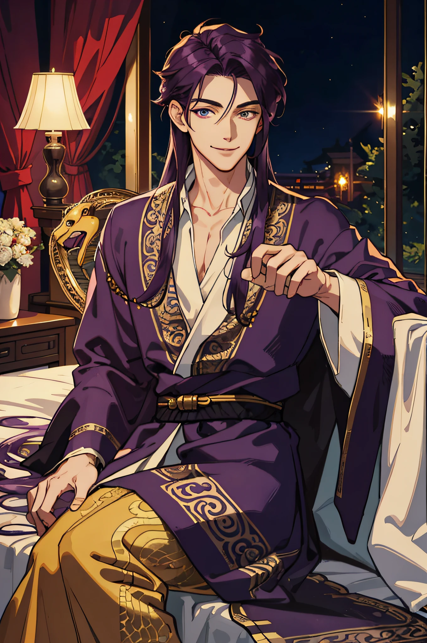 Masterpiece, best quality, 1 male, handsome, delicate eyes, intricate details, long dark purple hair, golden eyes, sitting on bed, smile, gentle smile, period costume, ancient Chinese, gorgeous robes, black, snake