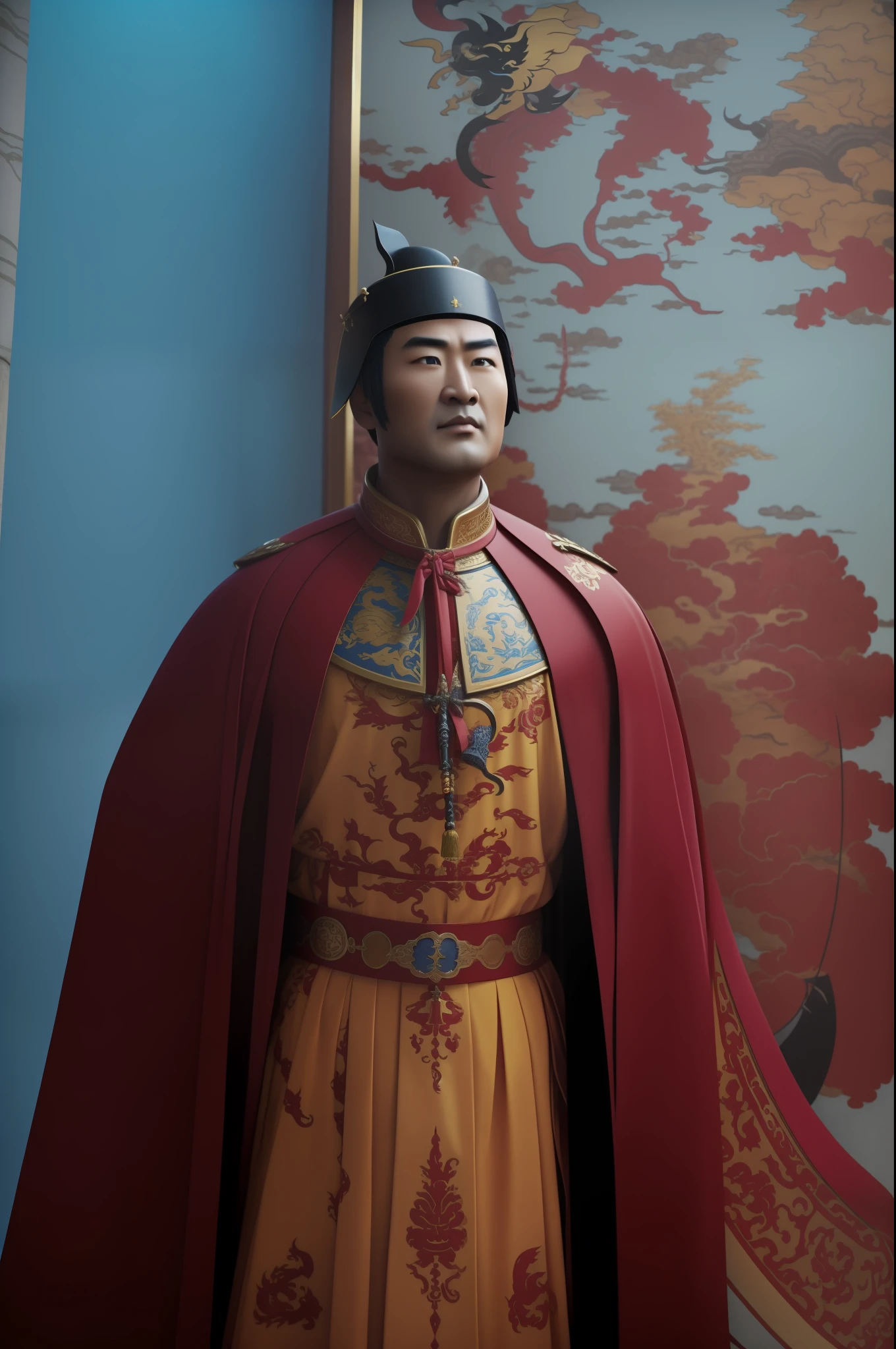Zheng He, Chinese sailor, yellow imperial chinese noble suit, red cape, black hat, looking forward with confidence, blue chinese dragon behind him, best quality, (highly detailed skin: 1.2), epic, masterpiece, dark studio, 8k uhd, dslr, soft lighting, high quality, volumetric lighting, candid, photography, high resolution, 4k, 8k