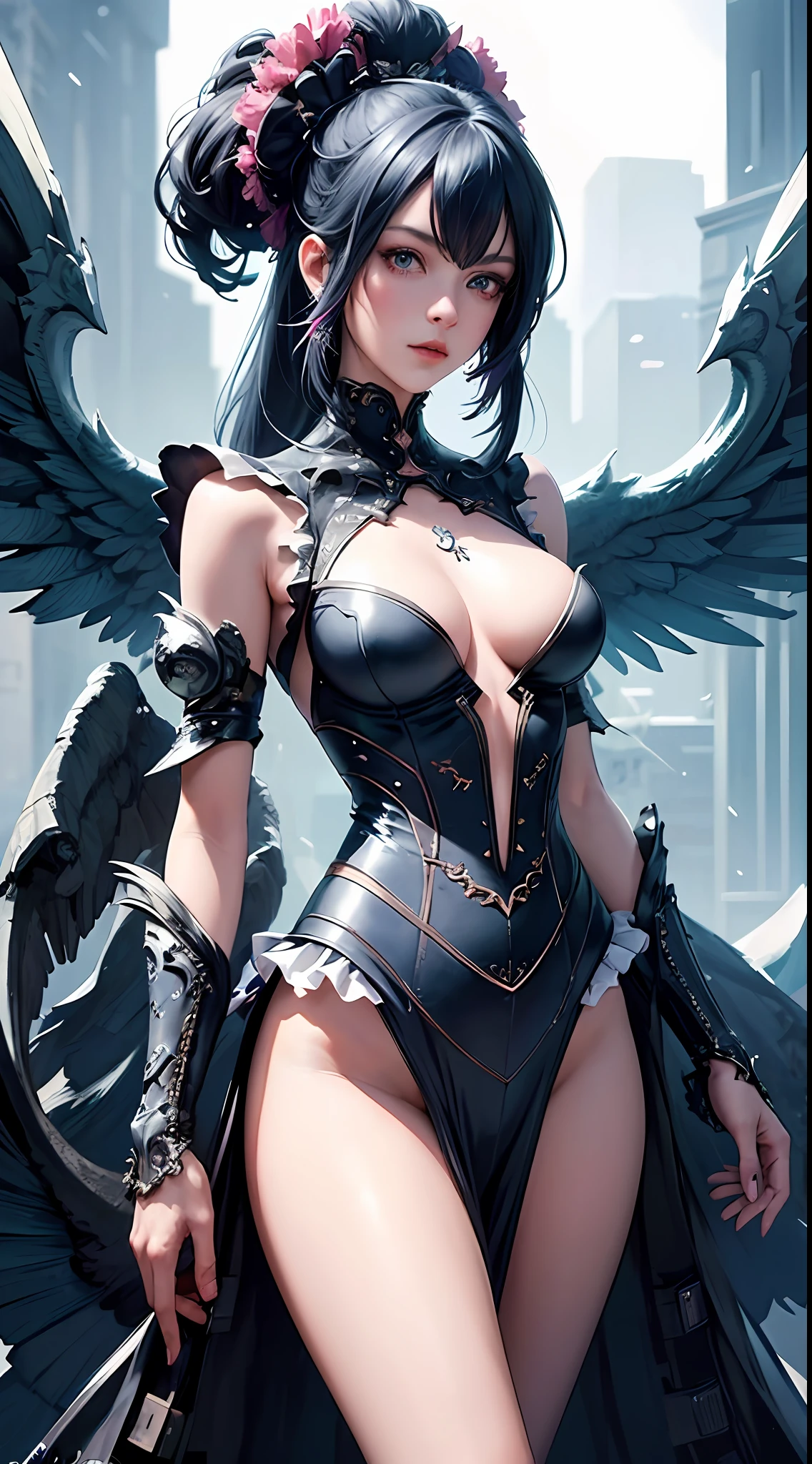 Nsfw, {{{{2girls}}}, {{hyper photo realistic}}, {hyper cute anime face}, {{masterpiece}}, {{superfine illustrations}}, {{hyper detailed very colorful hair}}, {{hyper detailed shape skin}}, {{detailed elaborately patterned beautiful eyes}}, {{hyper detailed cyberpunk colorful frill body dress}},{{Elaborately patterned mechanical wings}}, {{symmetrical reflection}}, ((slim waist)), }, cinematic angle, cinematic lighting, soft lens flare, depth of field, {{{hyper beautiful detailed cyberpunk city landscape}}}, {foggy}, {{Shining halo}},