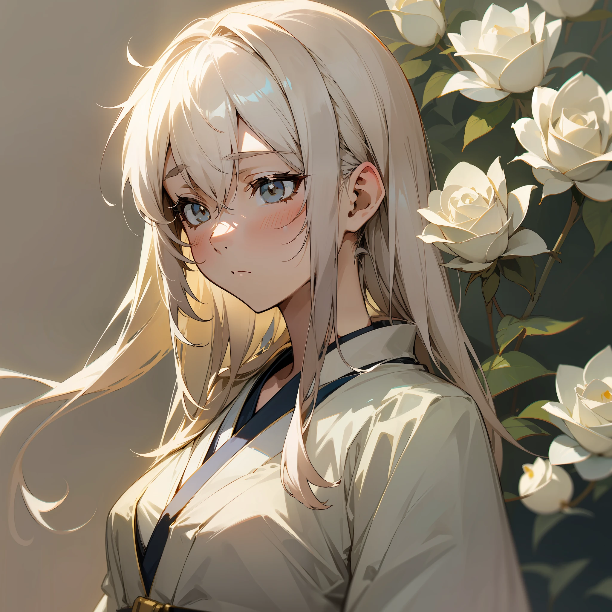 (Beautiful Japanese anime style, simple painting style, extremely delicate, white rose hair, subtle tsundere mood, with beautiful light and shadow) (Single-tone background to make the character stand out more)