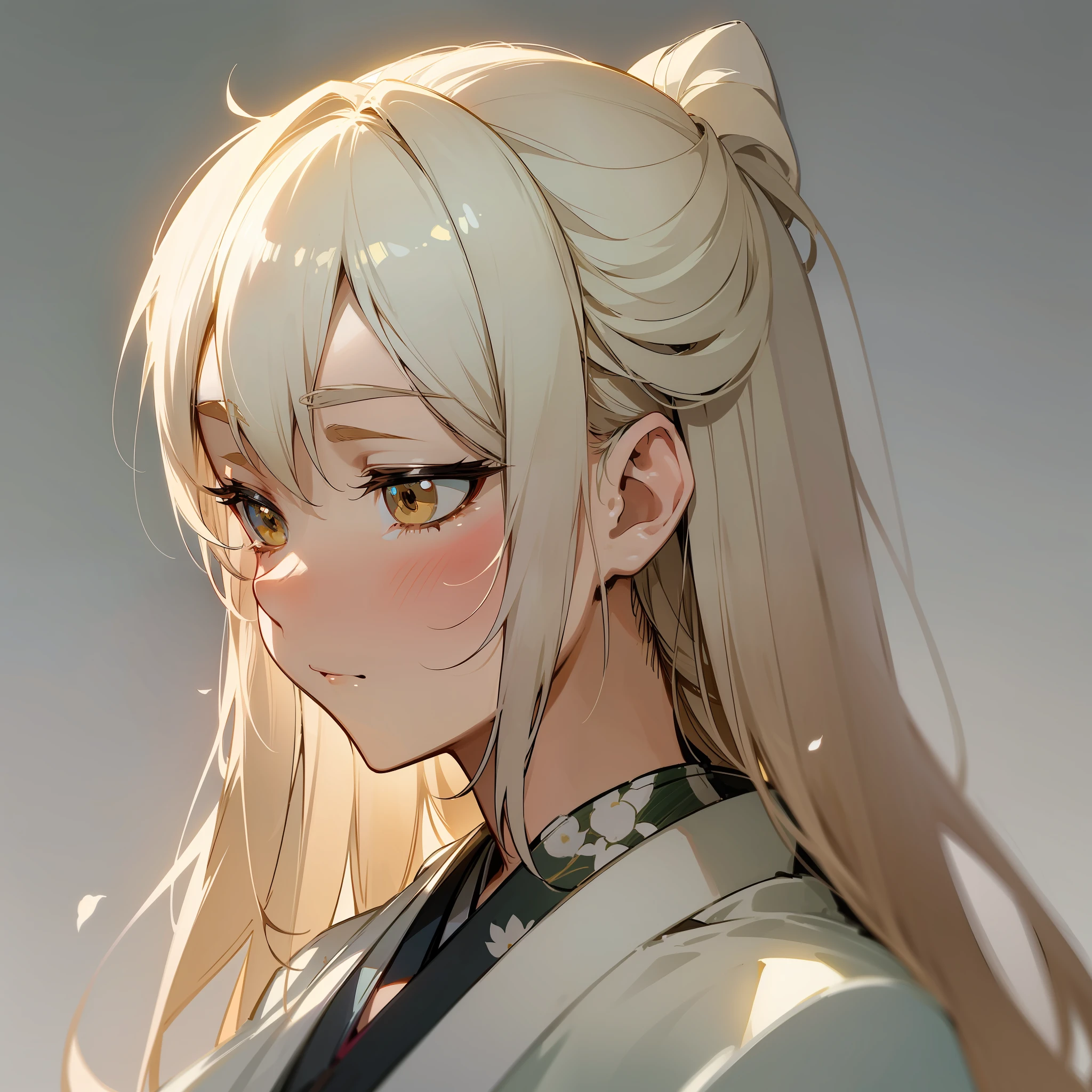(Beautiful Japanese anime style, simple painting style, extremely delicate, white rose hair, subtle tsundere mood, with beautiful light and shadow) (Single-tone background to make the character stand out more)