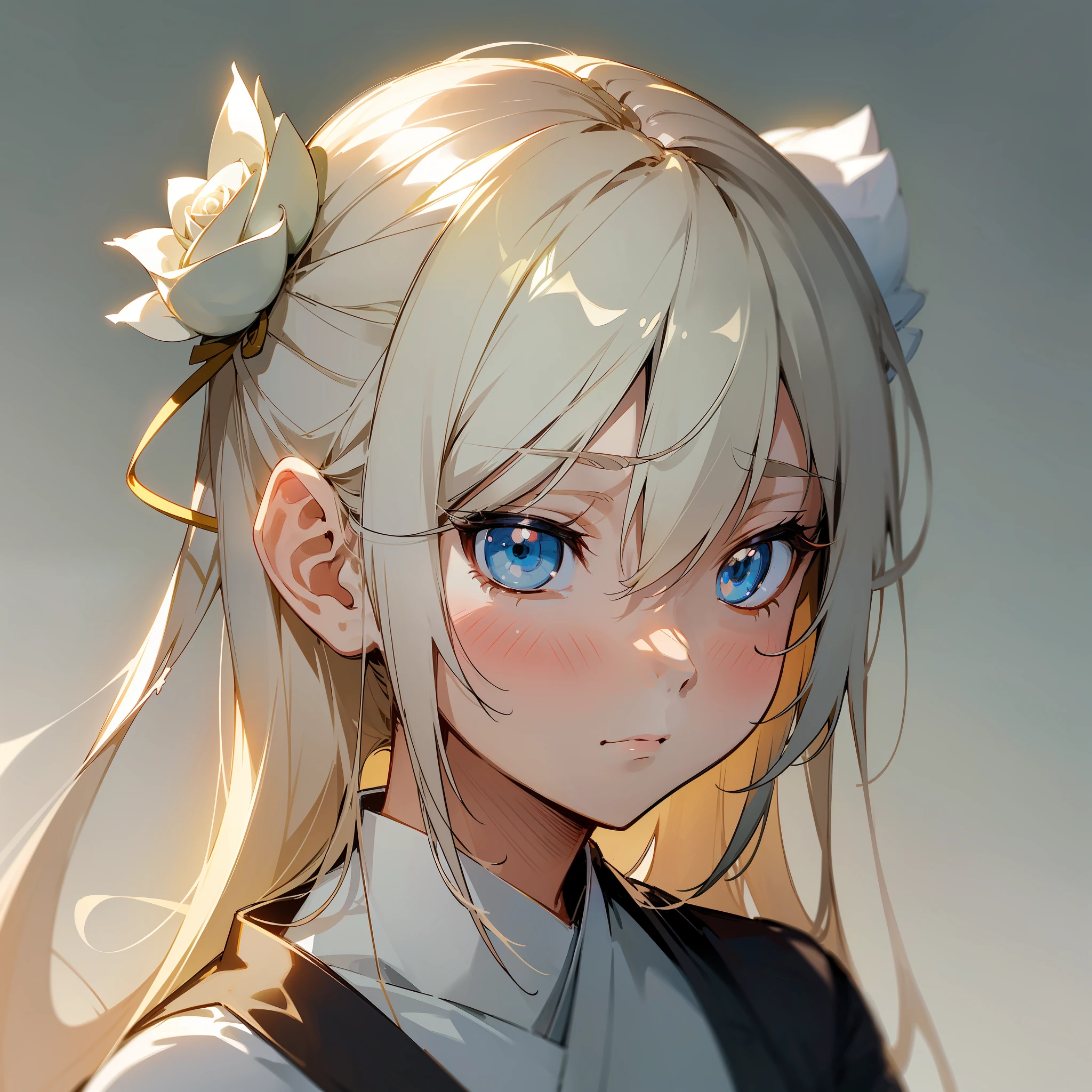 (Beautiful Japanese anime style, simple painting style, extremely delicate, white rose hair, subtle tsundere mood, with beautiful light and shadow) (Single-tone background to make the character stand out more)